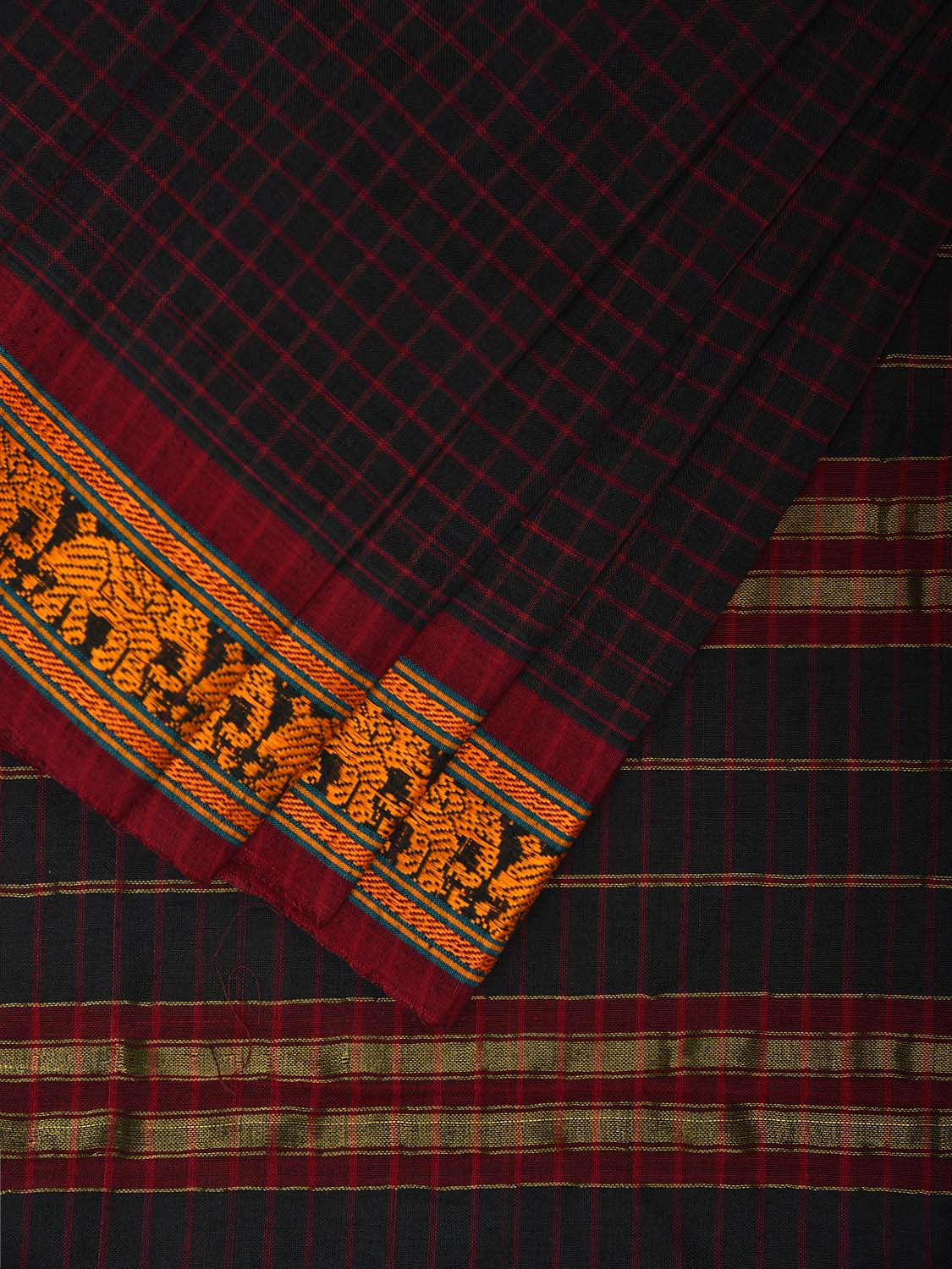 Black Narayanpet Cotton Saree with Checks and Border Design np1075