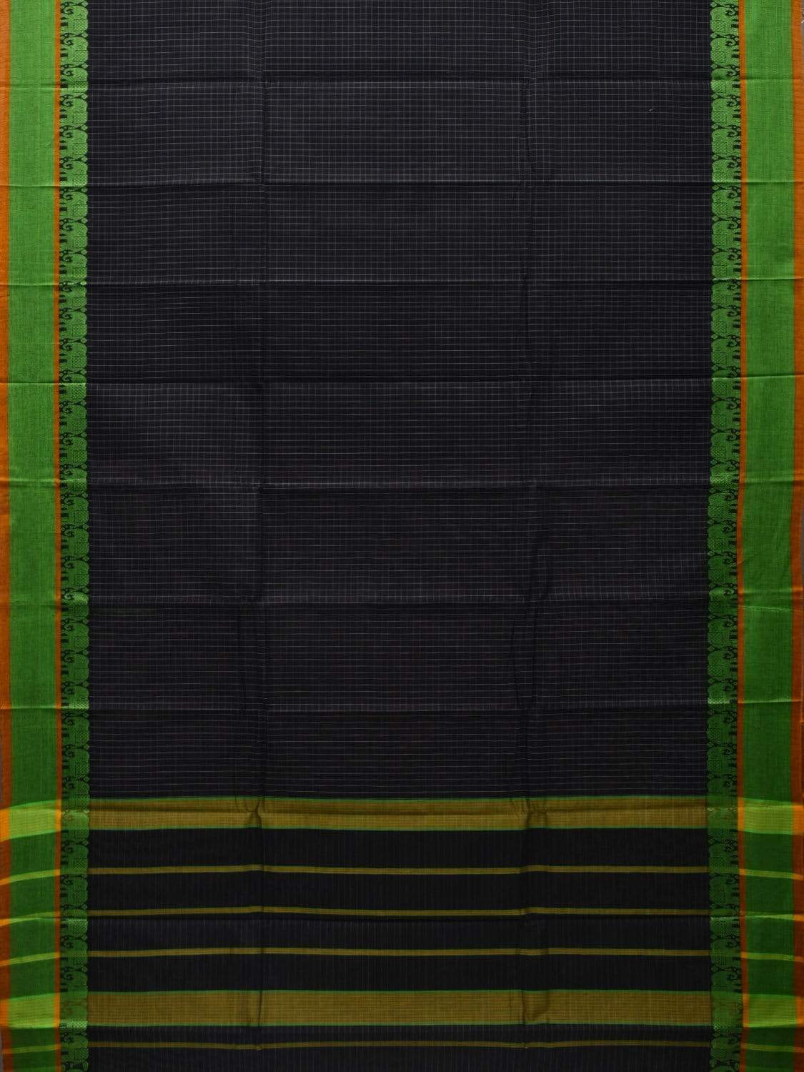 Black Narayanpet Cotton Saree with Checks and Elephant Border Design No Blouse np0470