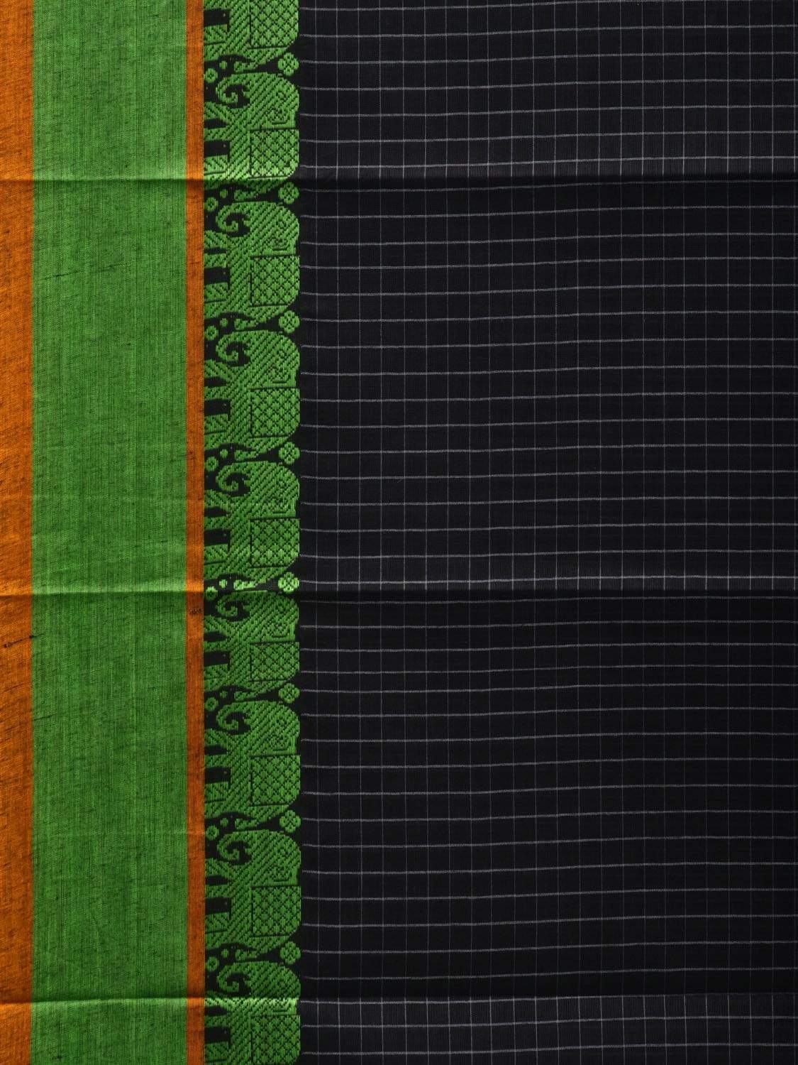 Black Narayanpet Cotton Saree with Checks and Elephant Border Design No Blouse np0470