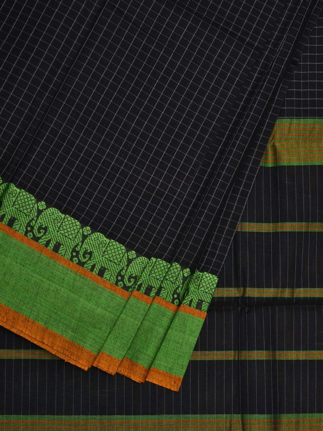 Black Narayanpet Cotton Saree with Checks and Elephant Border Design No Blouse np0470