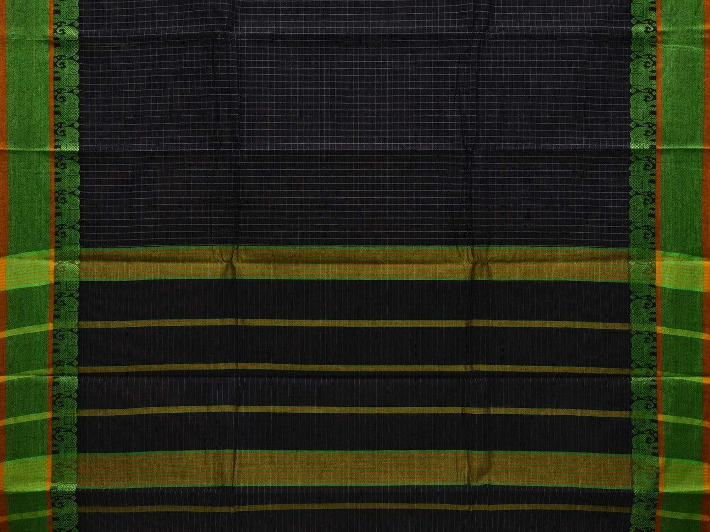 Black Narayanpet Cotton Saree with Checks and Elephant Border Design No Blouse np0470