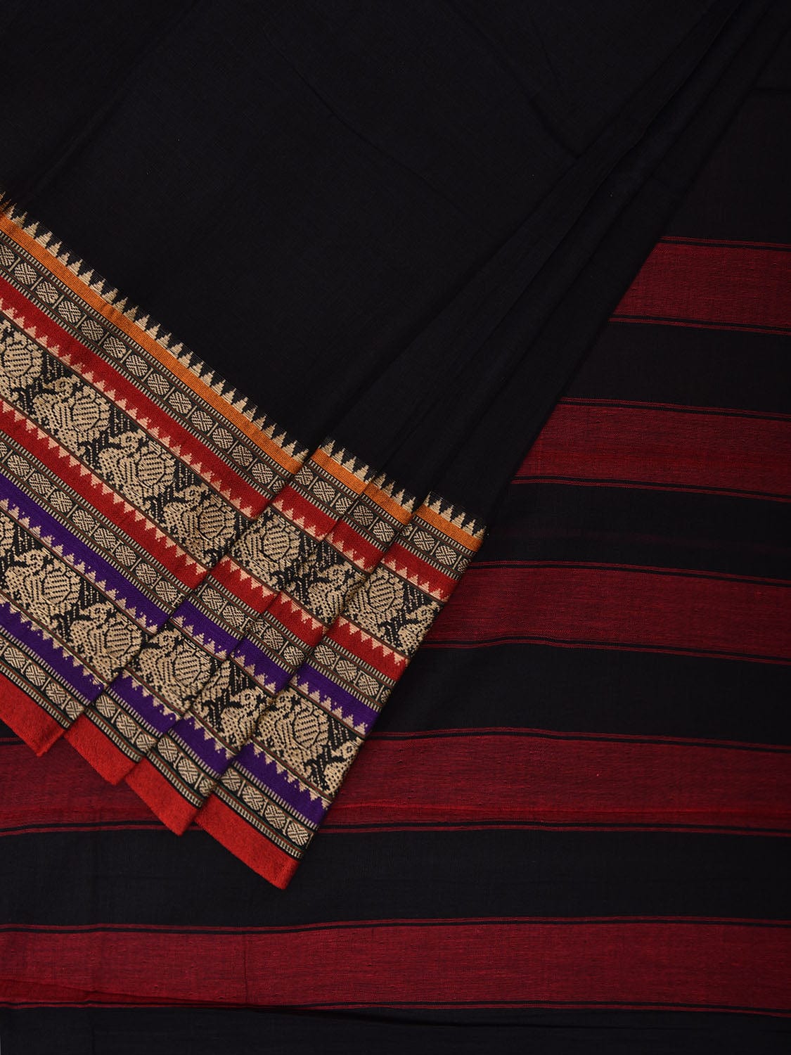 Black Narayanpet Cotton Saree with Peacocks Pallu and Strips Border Design np1074