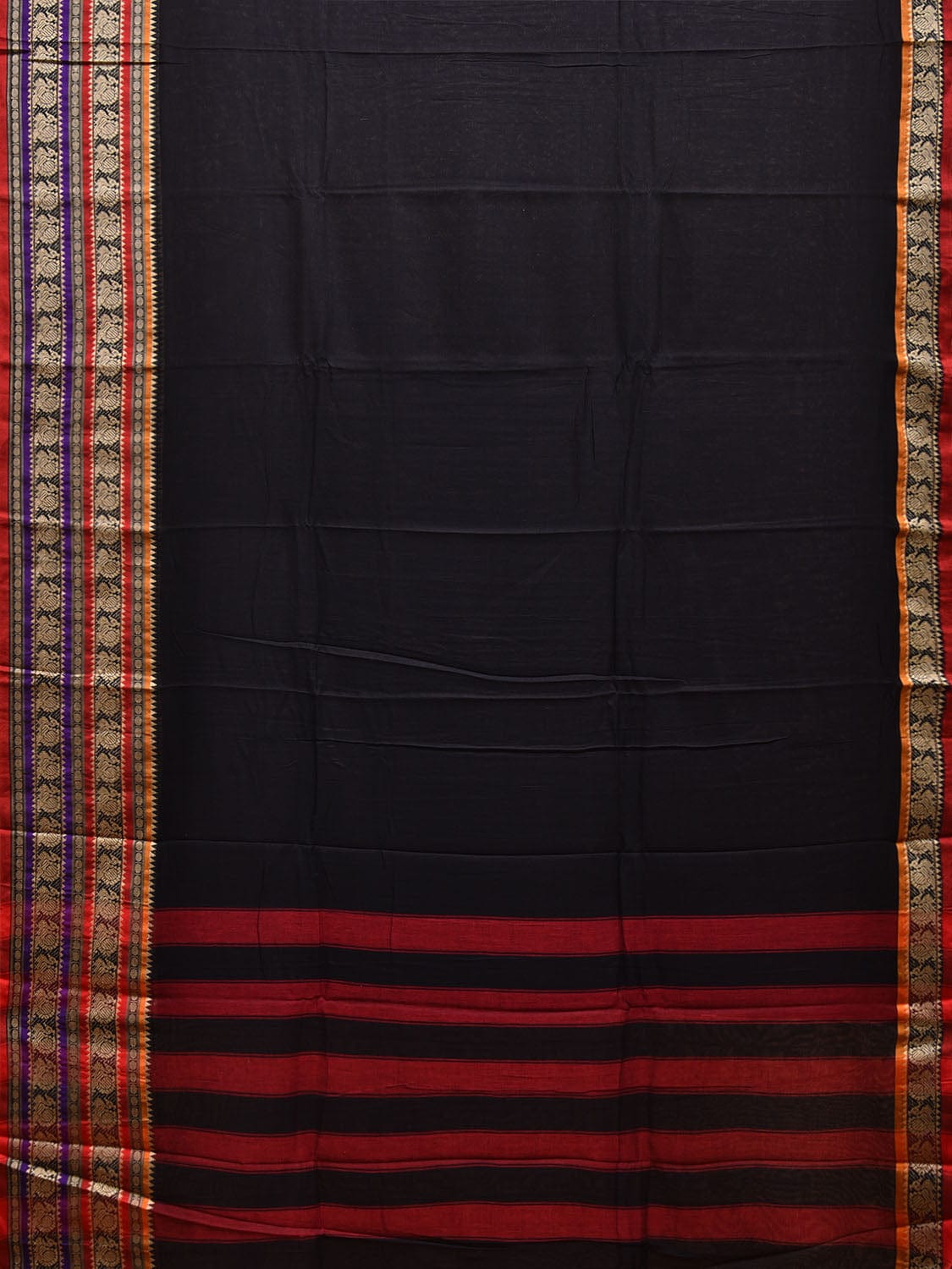 Black Narayanpet Cotton Saree with Peacocks Pallu and Strips Border Design np1074