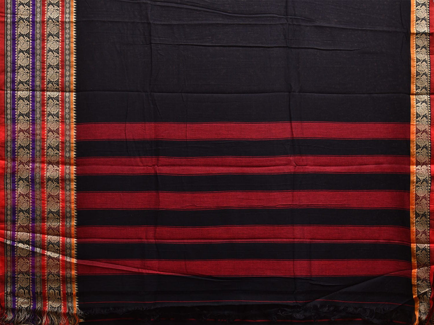 Black Narayanpet Cotton Saree with Peacocks Pallu and Strips Border Design np1074