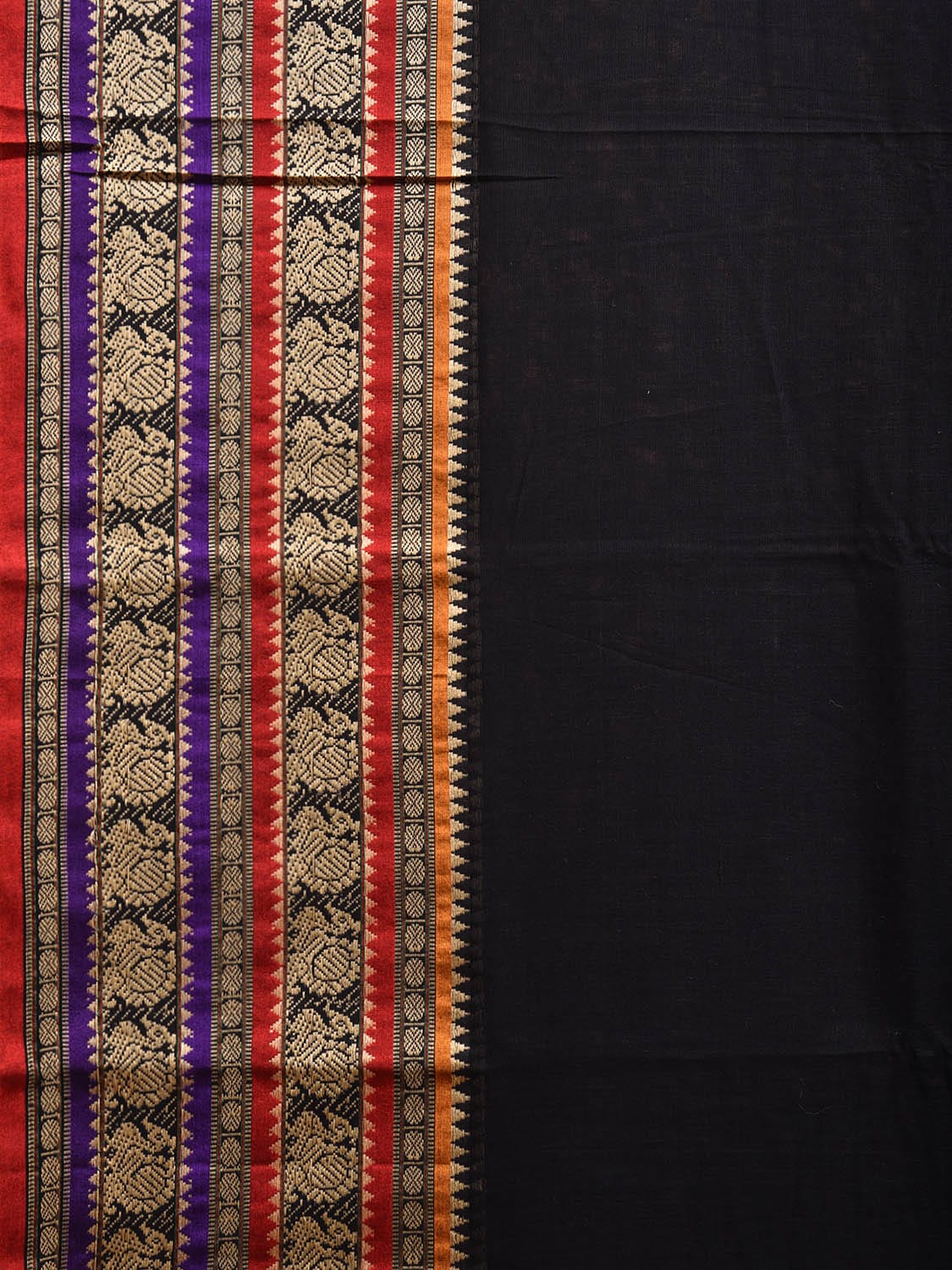 Black Narayanpet Cotton Saree with Peacocks Pallu and Strips Border Design np1074