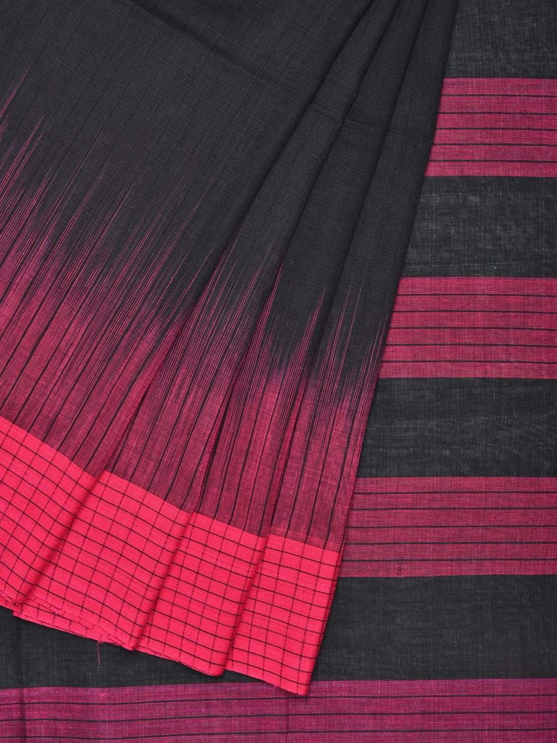 Black Organic Cotton Handloom Plain Saree with Small Checks Border o0259