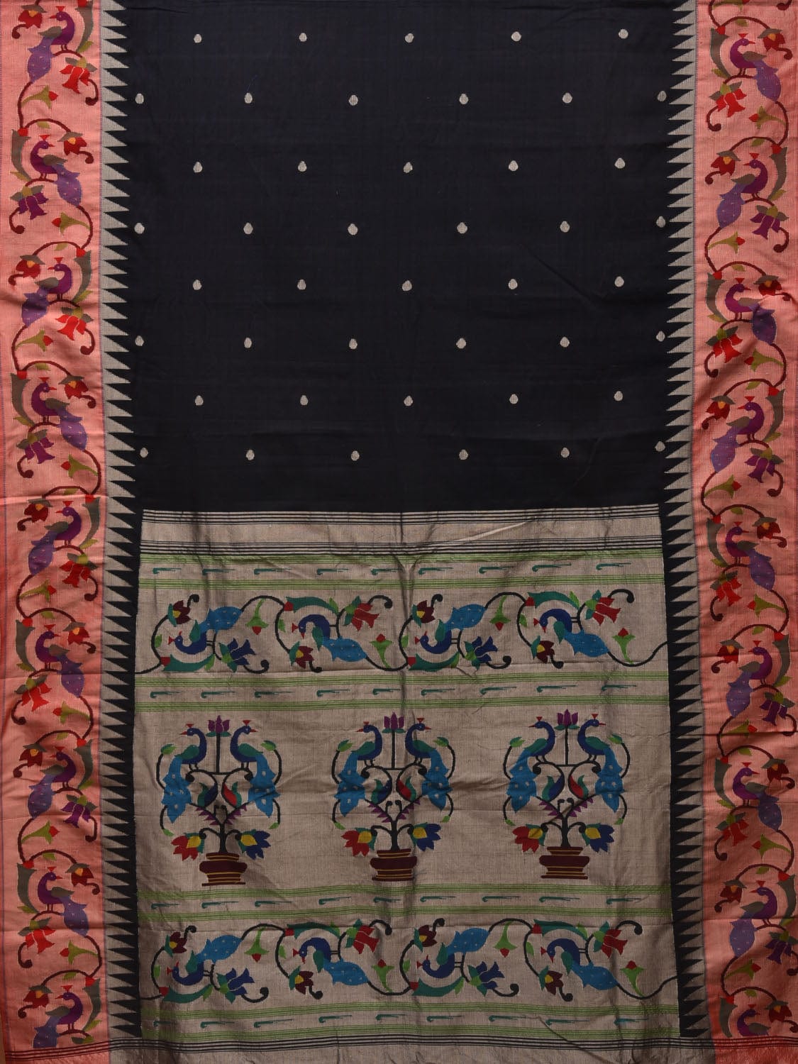 Black Paithani Cotton Handloom Saree with Peacocks Border and Pallu Design p0478