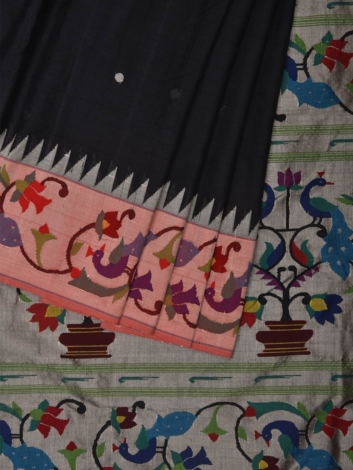 Black Paithani Cotton Handloom Saree with Peacocks Border and Pallu Design p0478