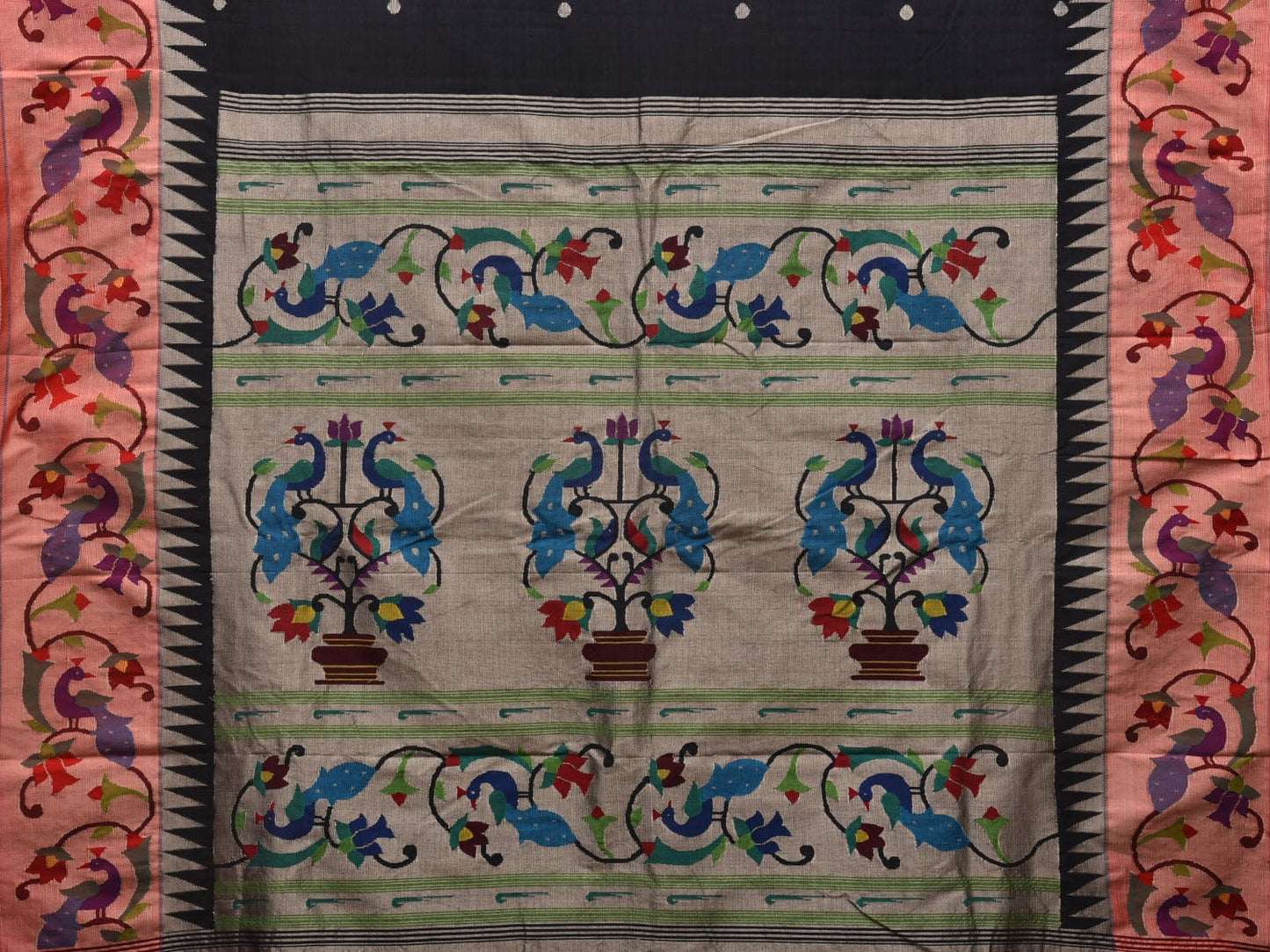 Black Paithani Cotton Handloom Saree with Peacocks Border and Pallu Design p0478