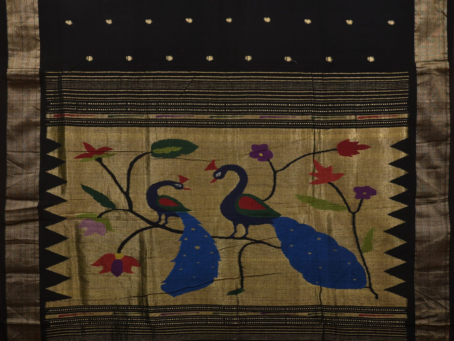 Black Paithani Cotton Handloom Saree with Peacocks Pallu Design p0454