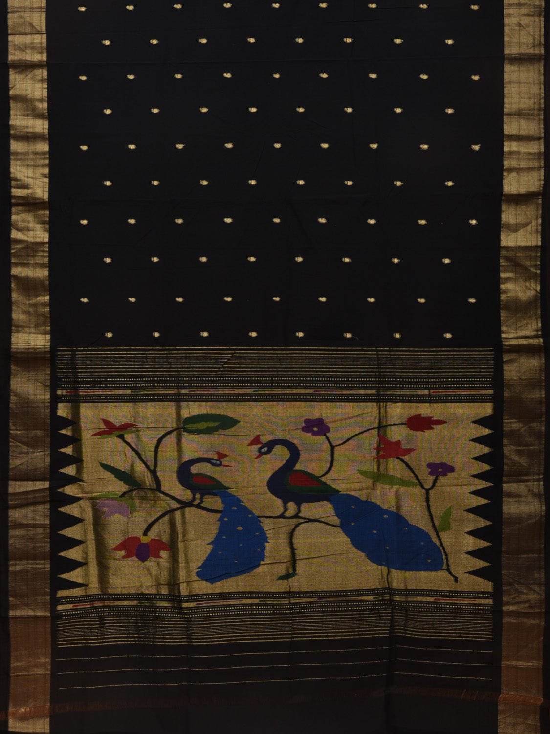 Black Paithani Cotton Handloom Saree with Peacocks Pallu Design p0454