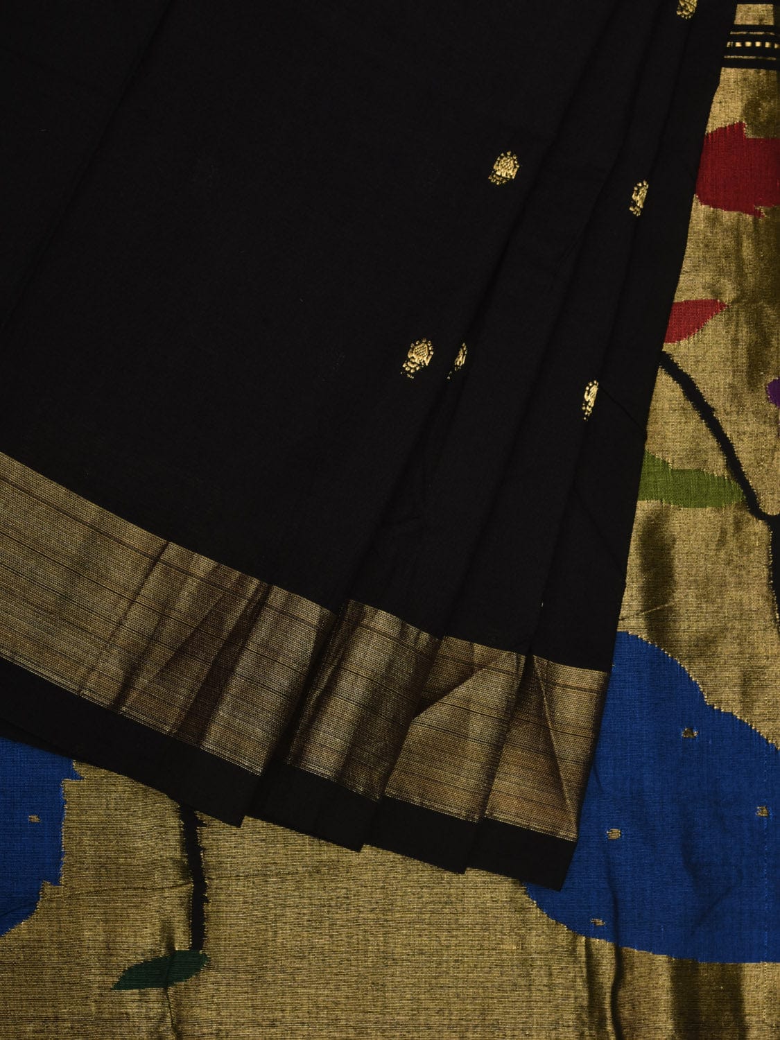 Black Paithani Cotton Handloom Saree with Peacocks Pallu Design p0454