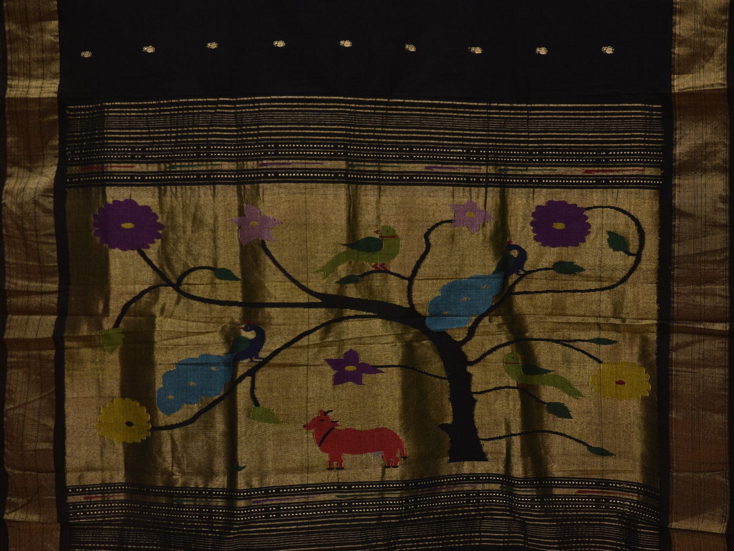 Black Paithani Cotton Handloom Saree with Peacocks Pallu Design p0456