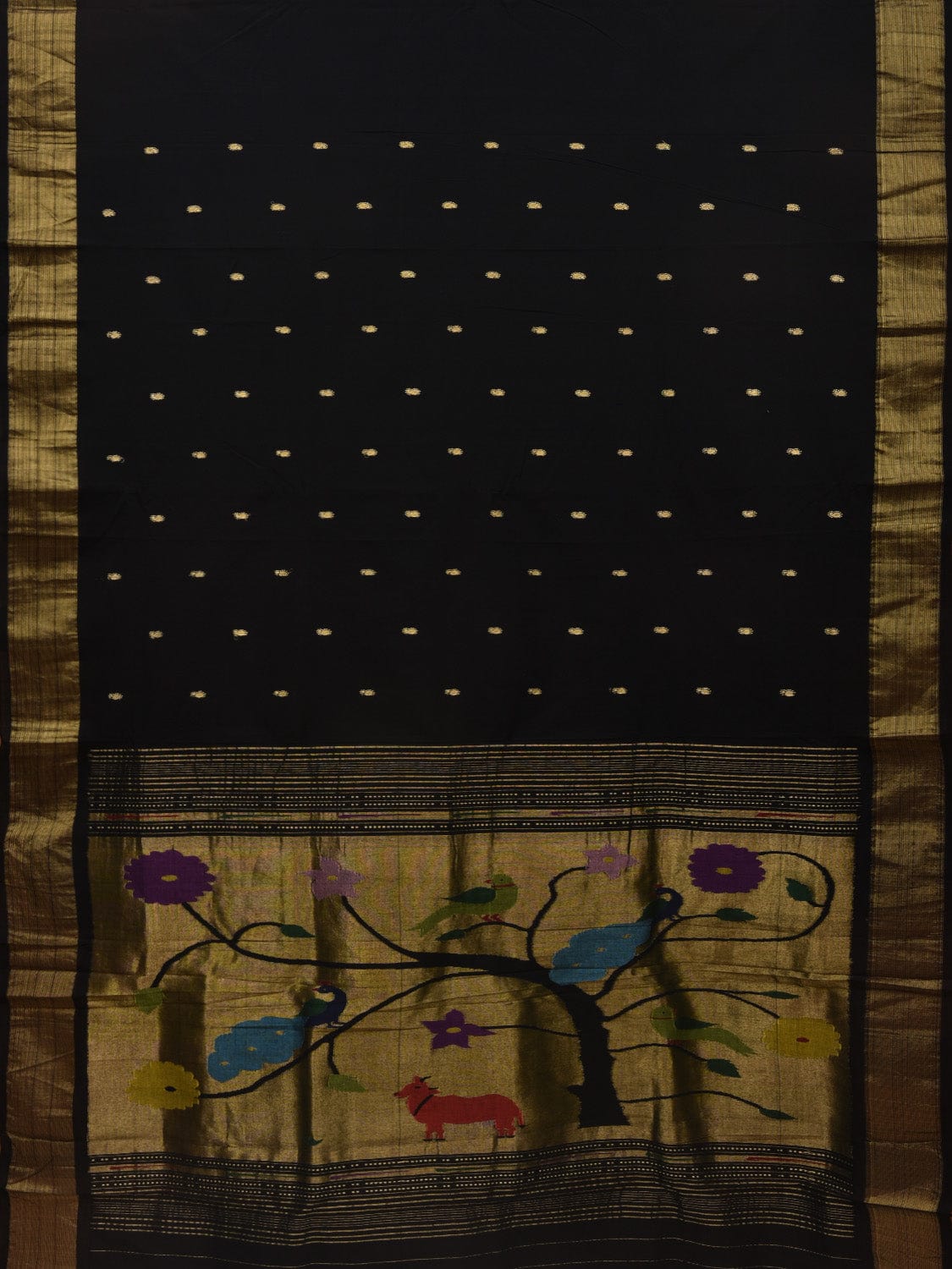 Black Paithani Cotton Handloom Saree with Peacocks Pallu Design p0456