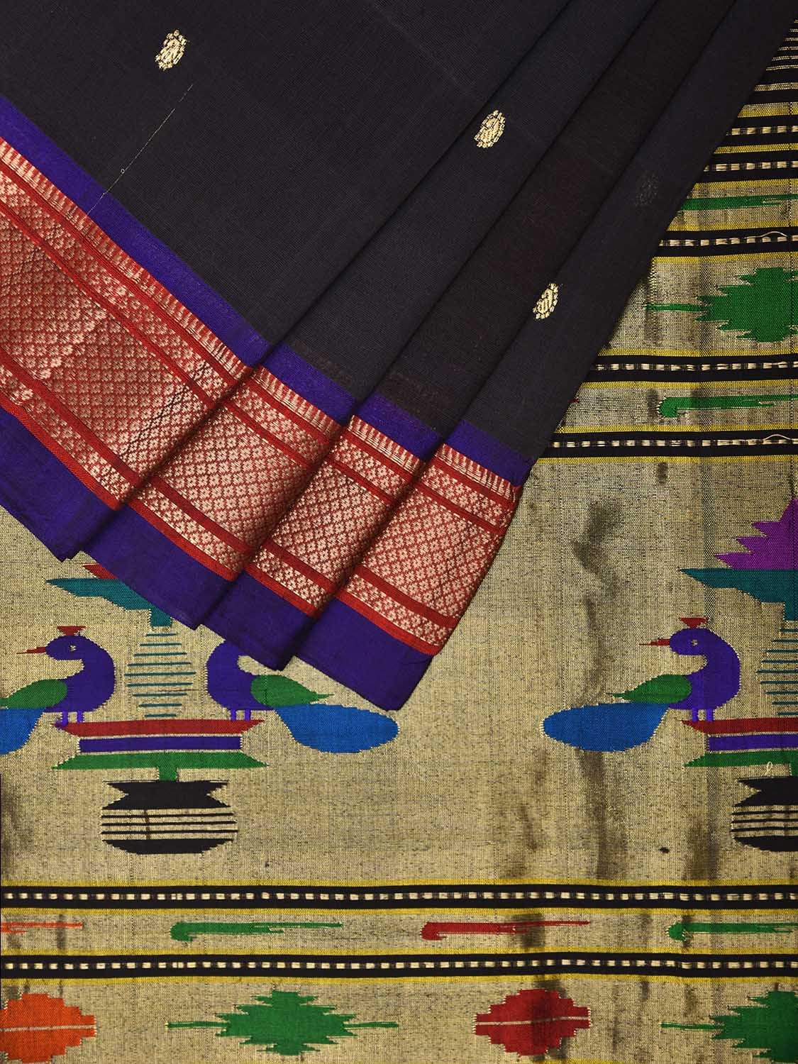 Black Paithani Cotton Handloom Saree with Single Pallu Design p0495