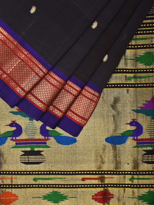 Black Paithani Cotton Handloom Saree with Single Pallu Design p0495