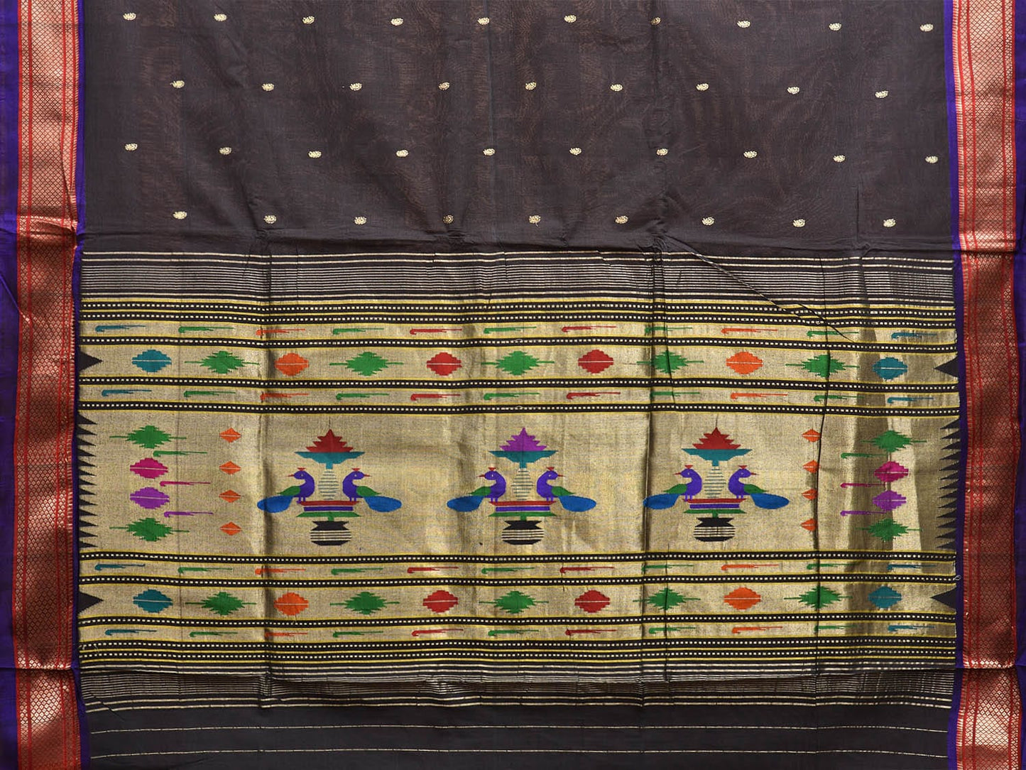 Black Paithani Cotton Handloom Saree with Single Pallu Design p0495