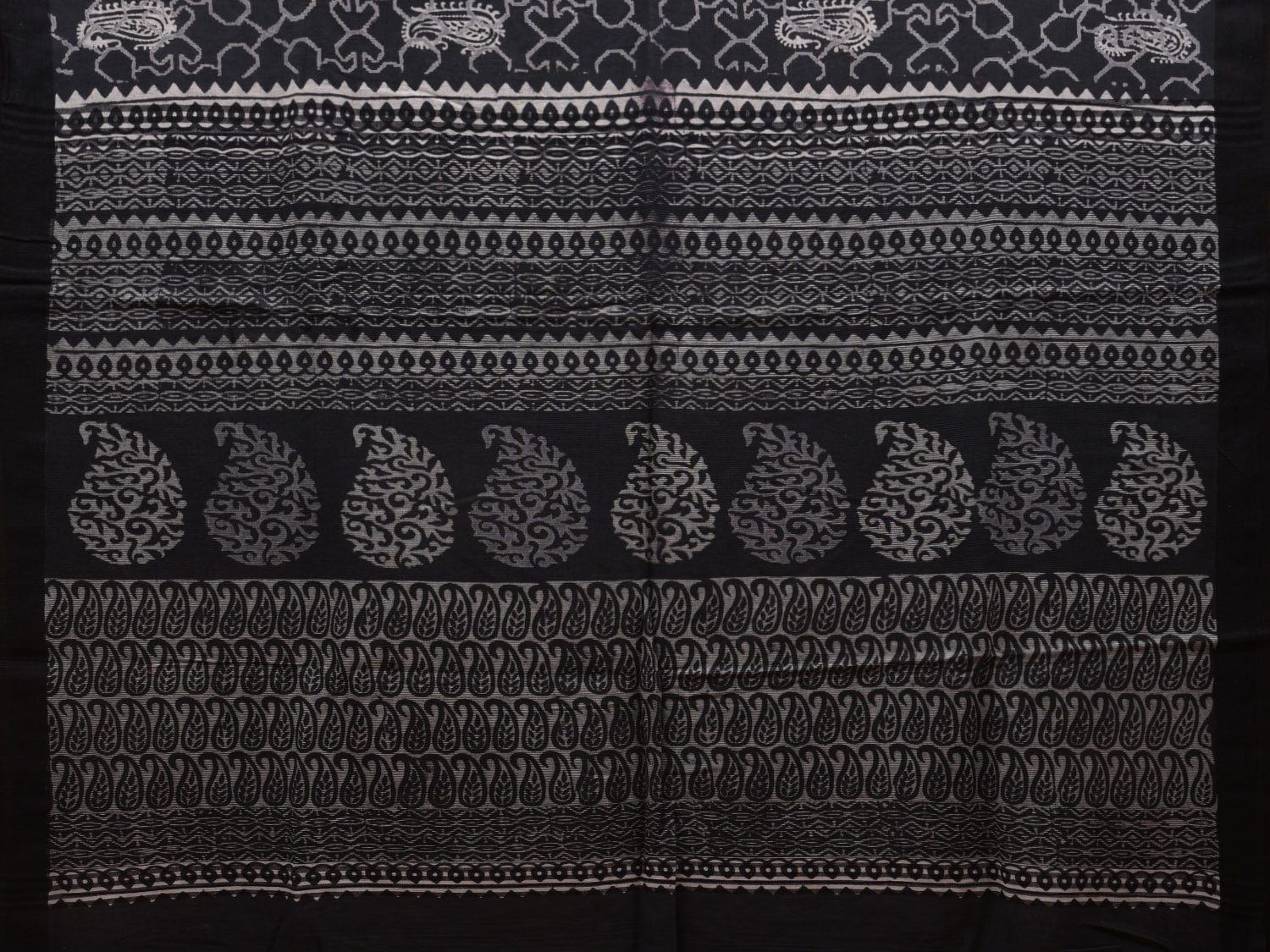 Black Printed Cotton Handloom Saree with Mango Buta and Pallu Design o0313