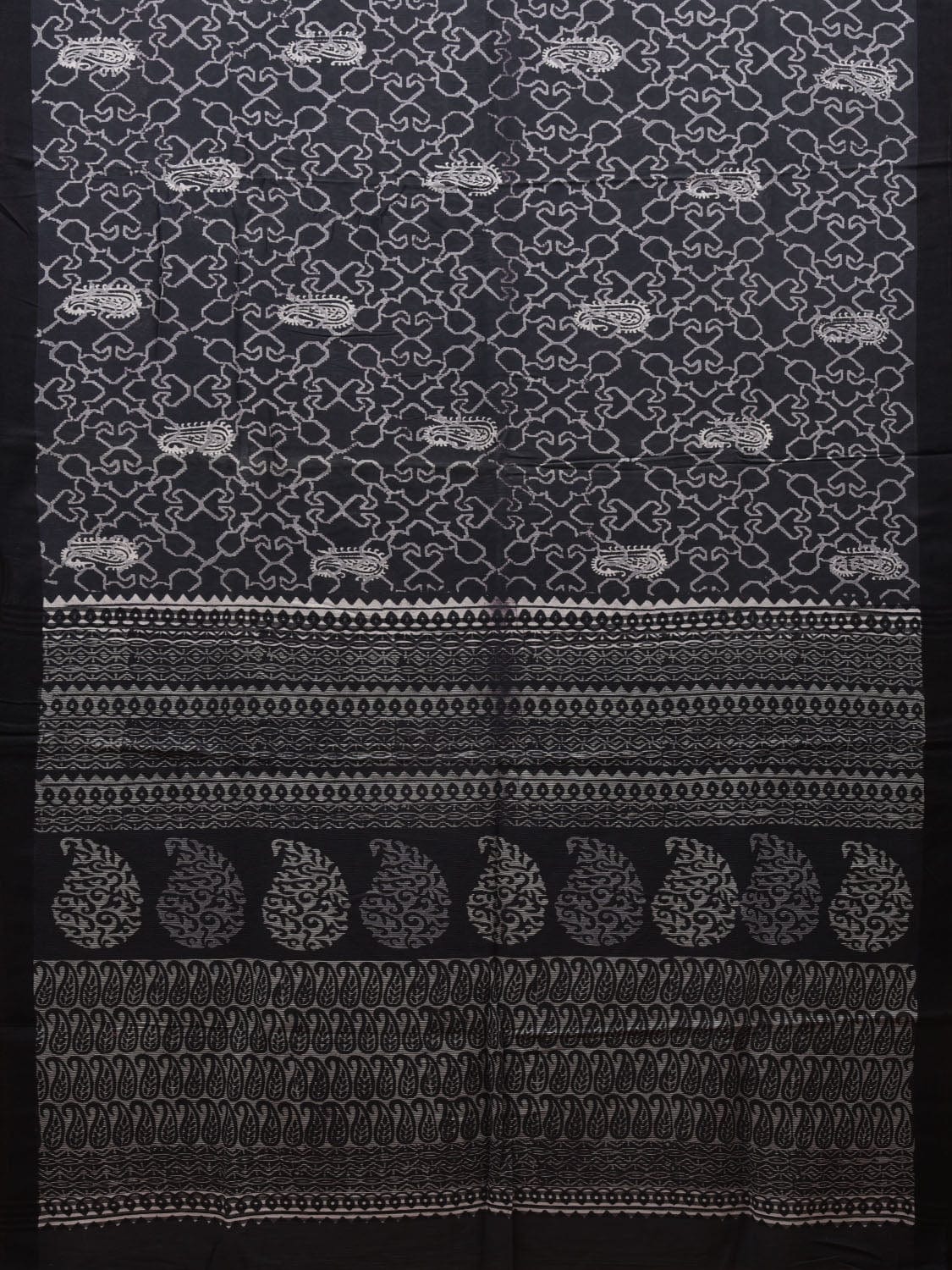 Black Printed Cotton Handloom Saree with Mango Buta and Pallu Design o0313
