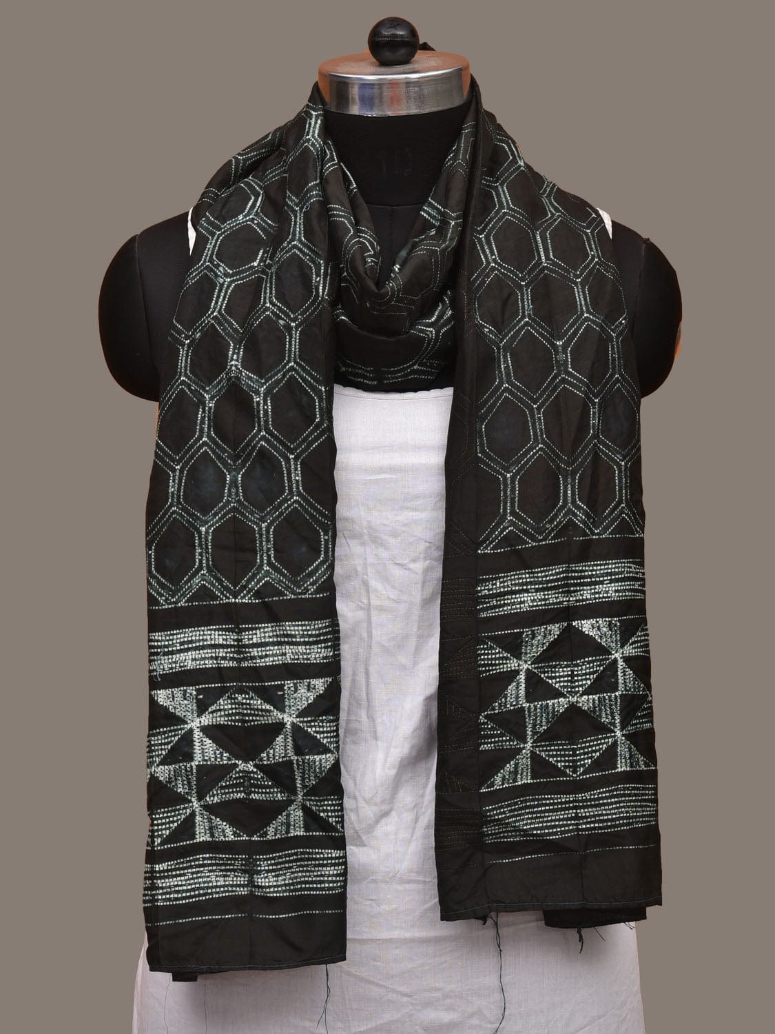 Black Shibori Silk Handloom Stole with Honey Comb Design ds3103