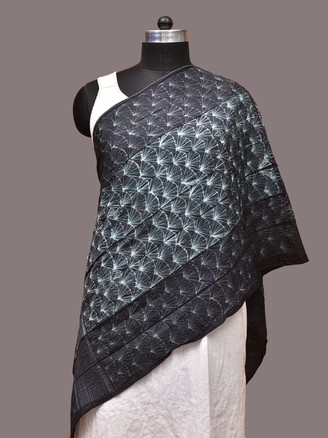 Black Shibori Spun Silk Handloom Stole with Sea Shell Design ds3231