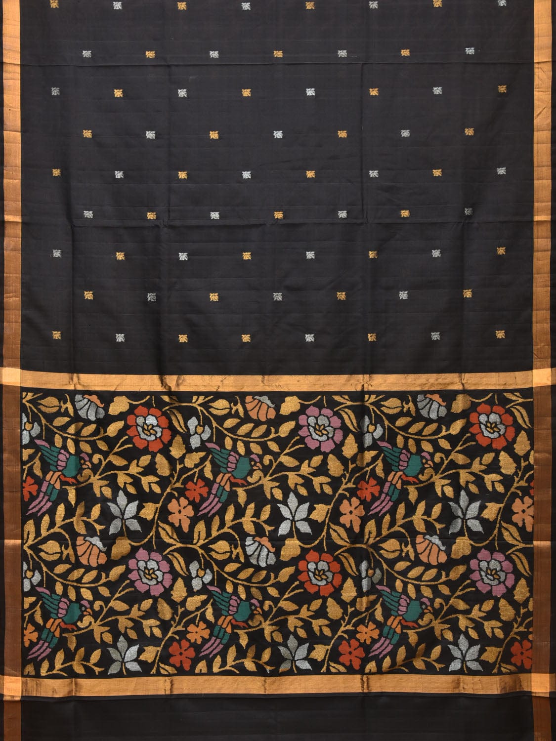 Black Uppada Silk Handloom Saree with Floral and Birds Pallu Design u2071
