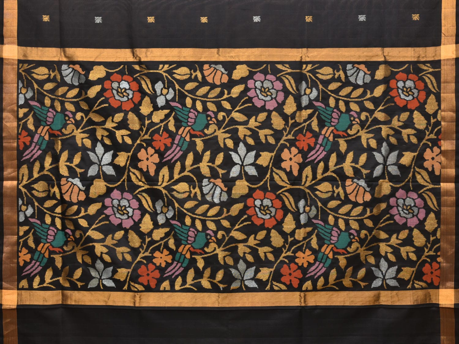 Black Uppada Silk Handloom Saree with Floral and Birds Pallu Design u2071