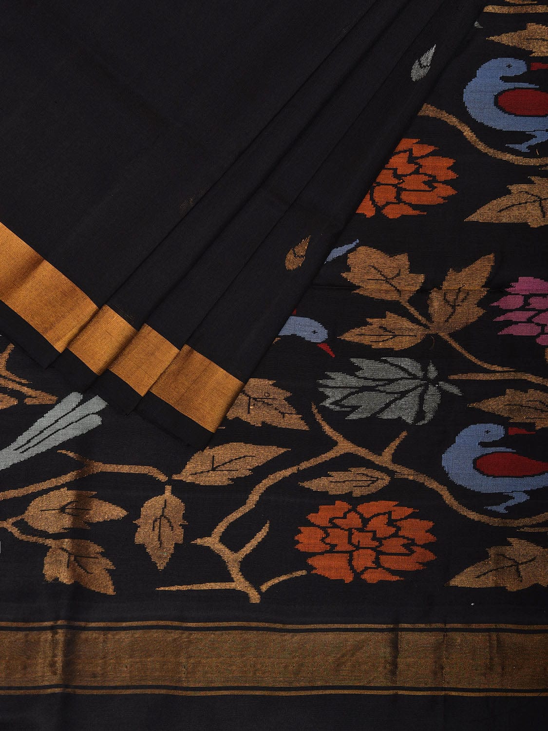 Black Uppada Silk Handloom Saree with Floral and Birds Pallu Design u2336