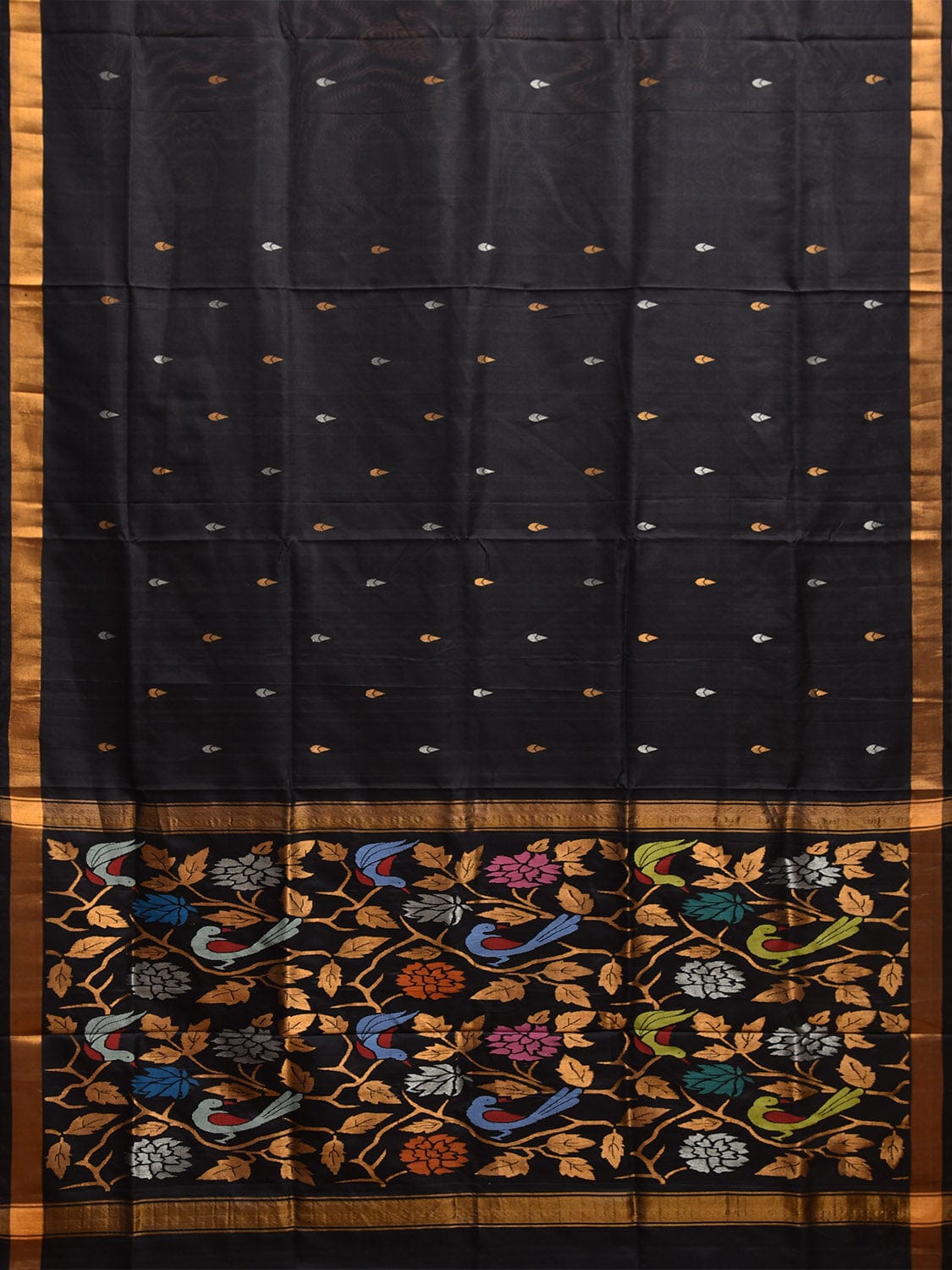 Black Uppada Silk Handloom Saree with Floral and Birds Pallu Design u2336