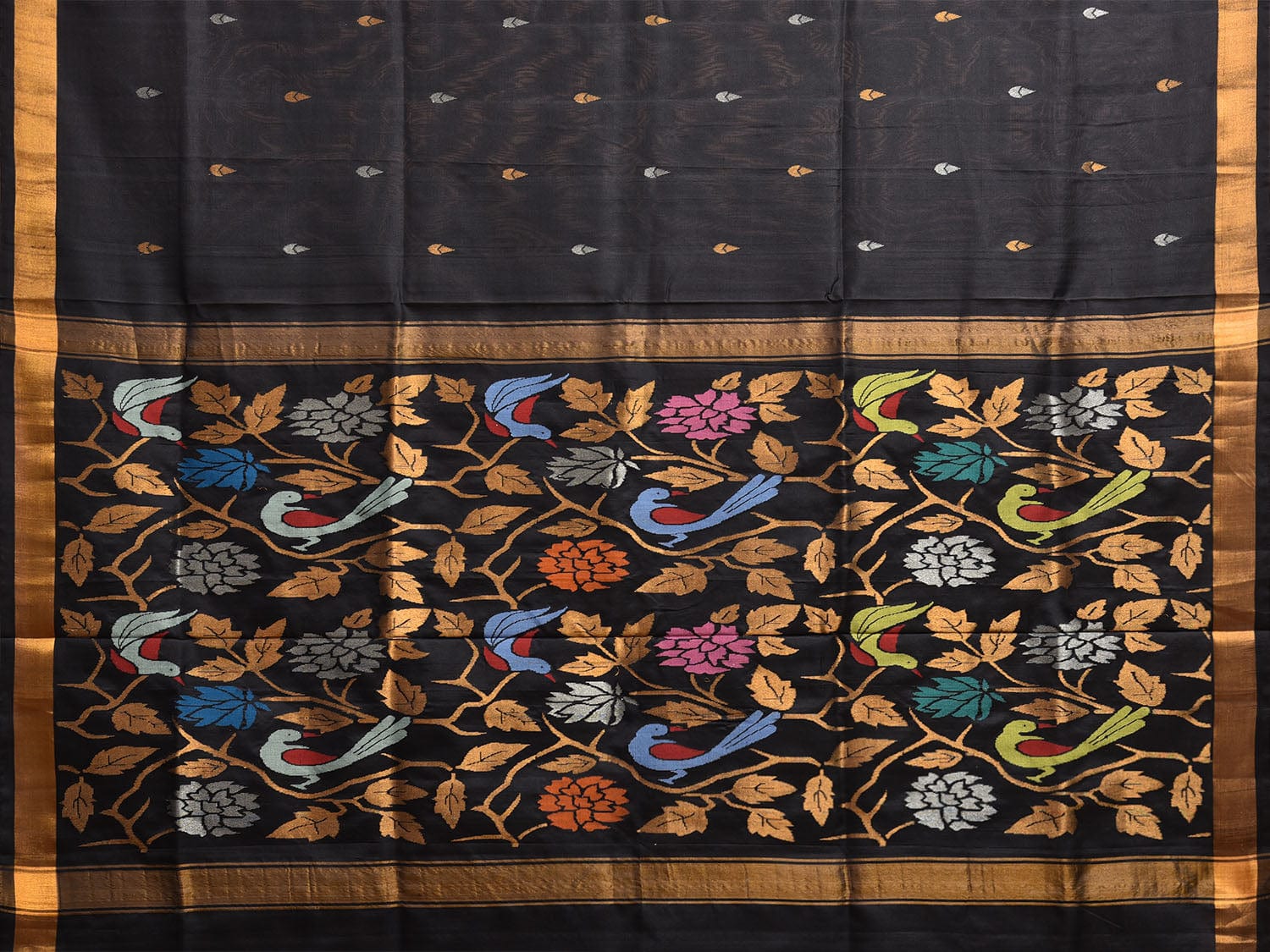 Black Uppada Silk Handloom Saree with Floral and Birds Pallu Design u2336