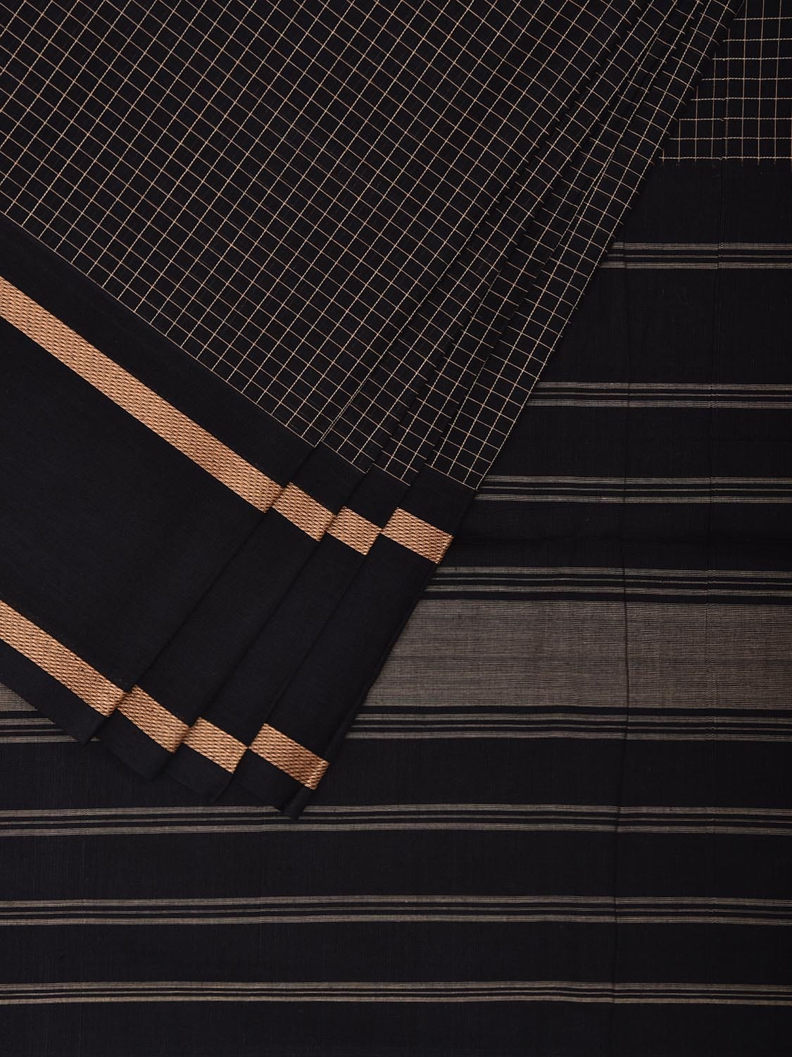 Black Venkatagiri Cotton Saree with Checks and Strips Pallu Design v0082