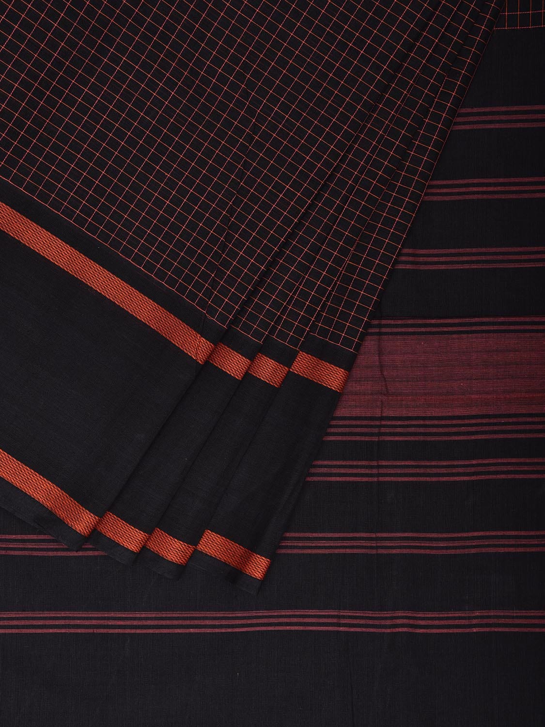 Black Venkatagiri Cotton Saree with Checks and Strips Pallu Design v0084
