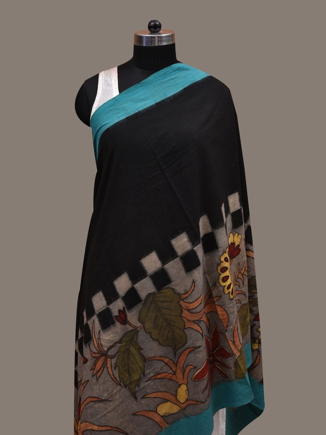 Blue and Black Kalamkari Hand Painted Ikat Cotton Handloom Dupatta with Floral Design ds2796