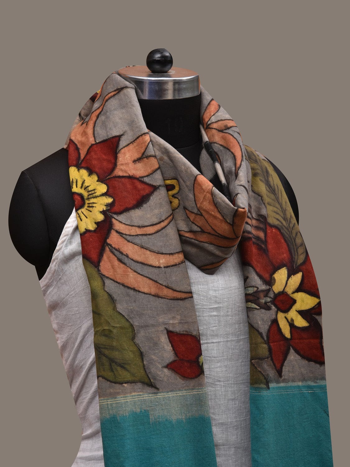 Blue and Black Kalamkari Hand Painted Ikat Cotton Handloom Dupatta with Floral Design ds2796