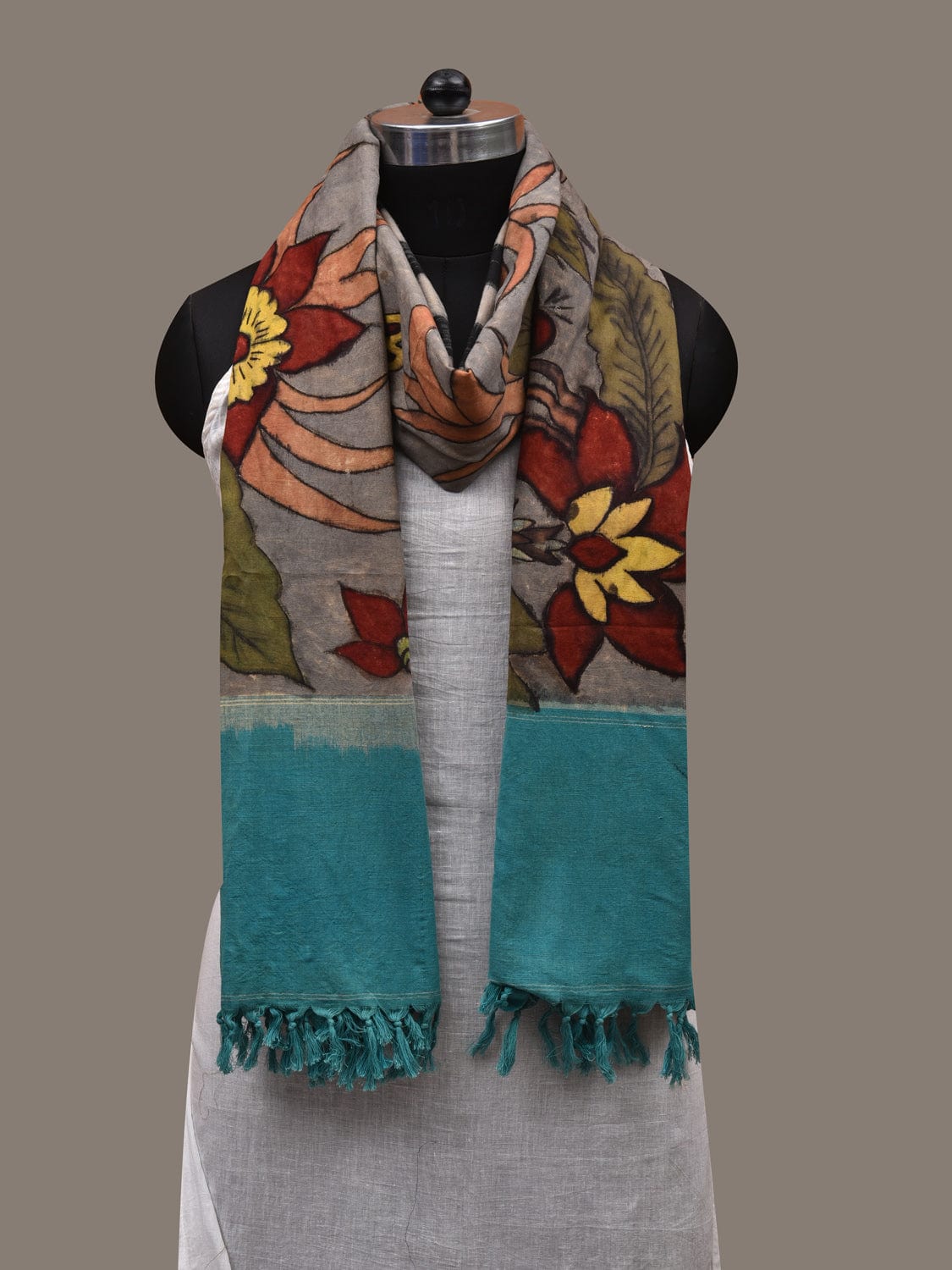 Blue and Black Kalamkari Hand Painted Ikat Cotton Handloom Dupatta with Floral Design ds2796