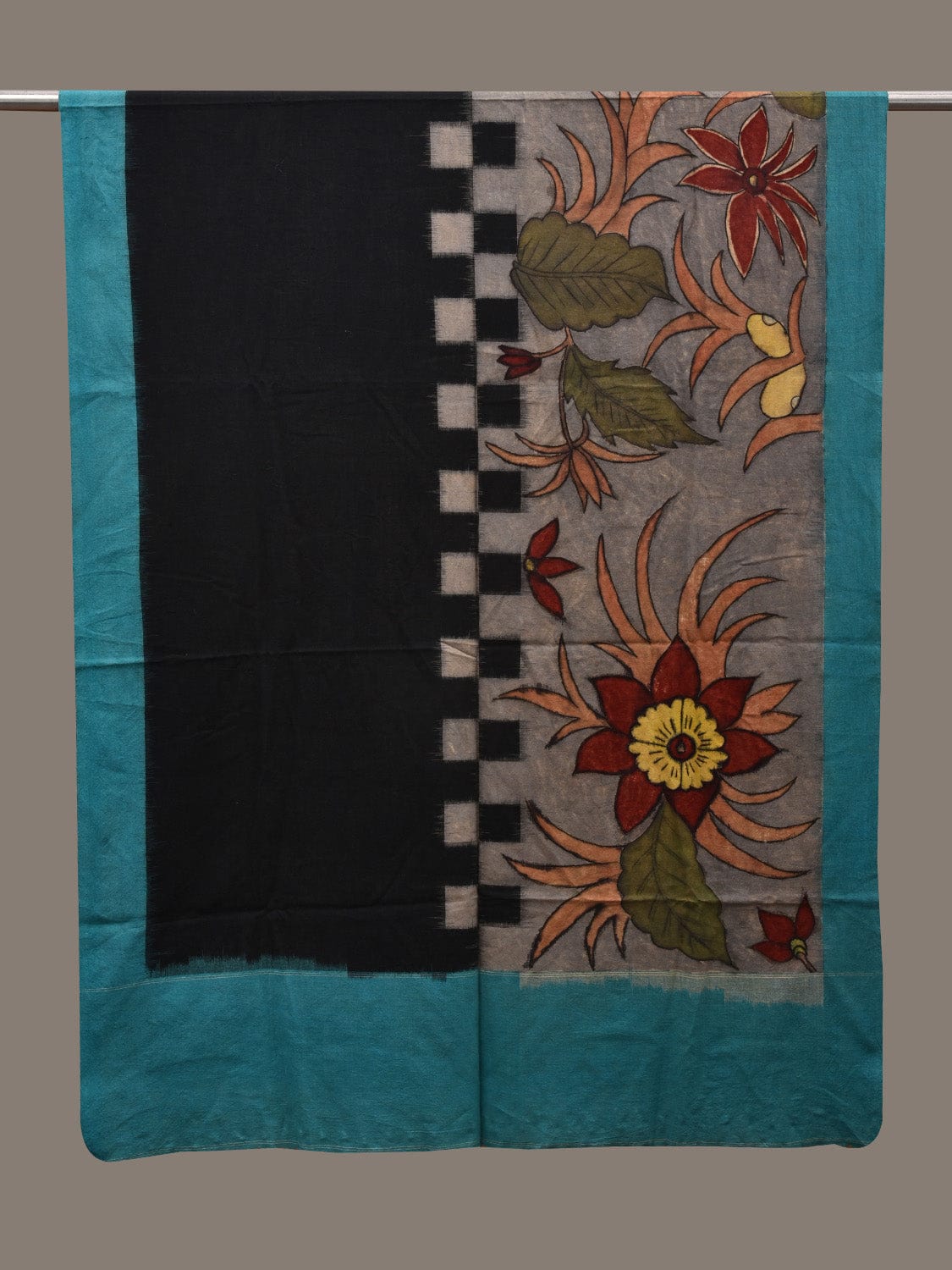 Blue and Black Kalamkari Hand Painted Ikat Cotton Handloom Dupatta with Floral Design ds2796