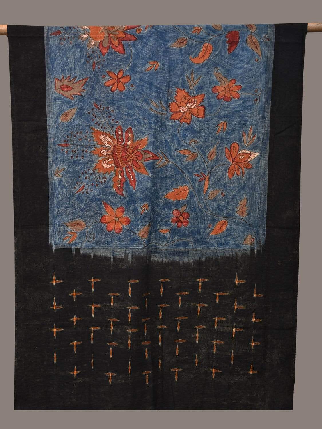 Blue and Black Kalamkari Hand Painted Pochampally Ikat Cotton Handloom Dupatta with Exotic Flowers Design ds2270