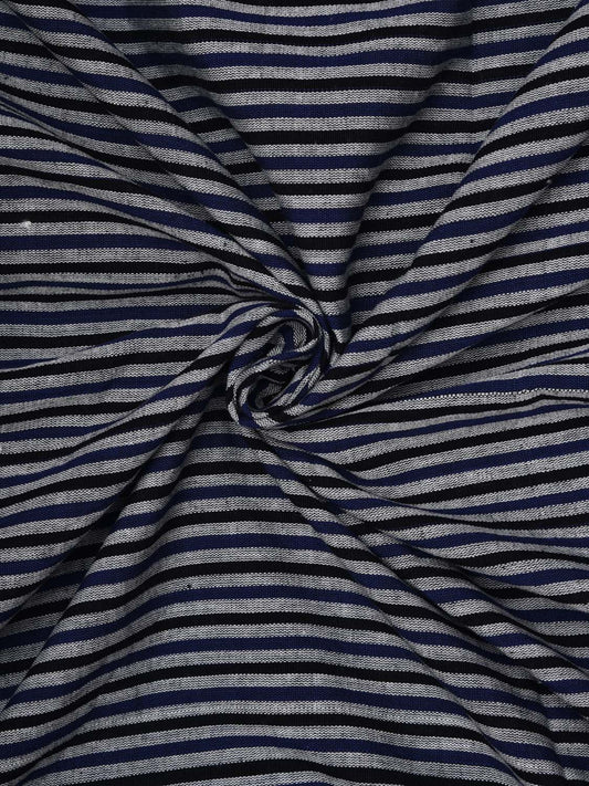 Blue and Black Khadi Cotton Handloom 2.5mts Fabric with Strips Design f0172