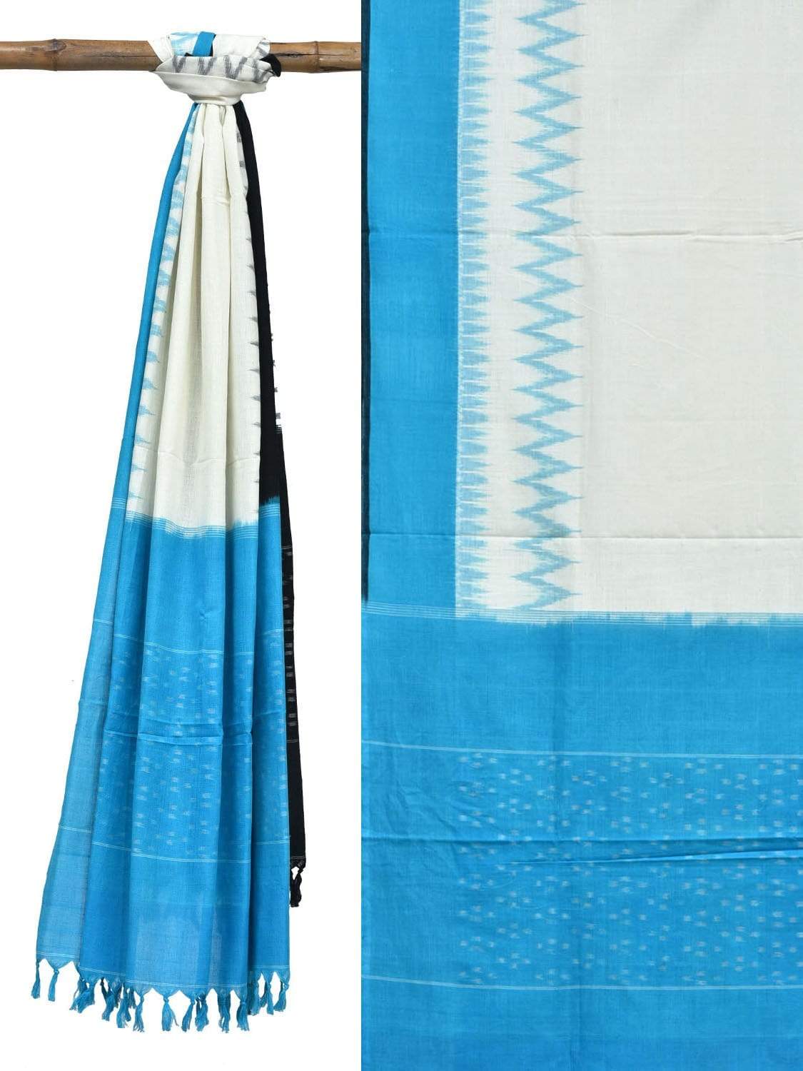 Blue and Black Pochampally Ikat Cotton Handloom Dupatta with Ganga-Jamuna Border ds1843
