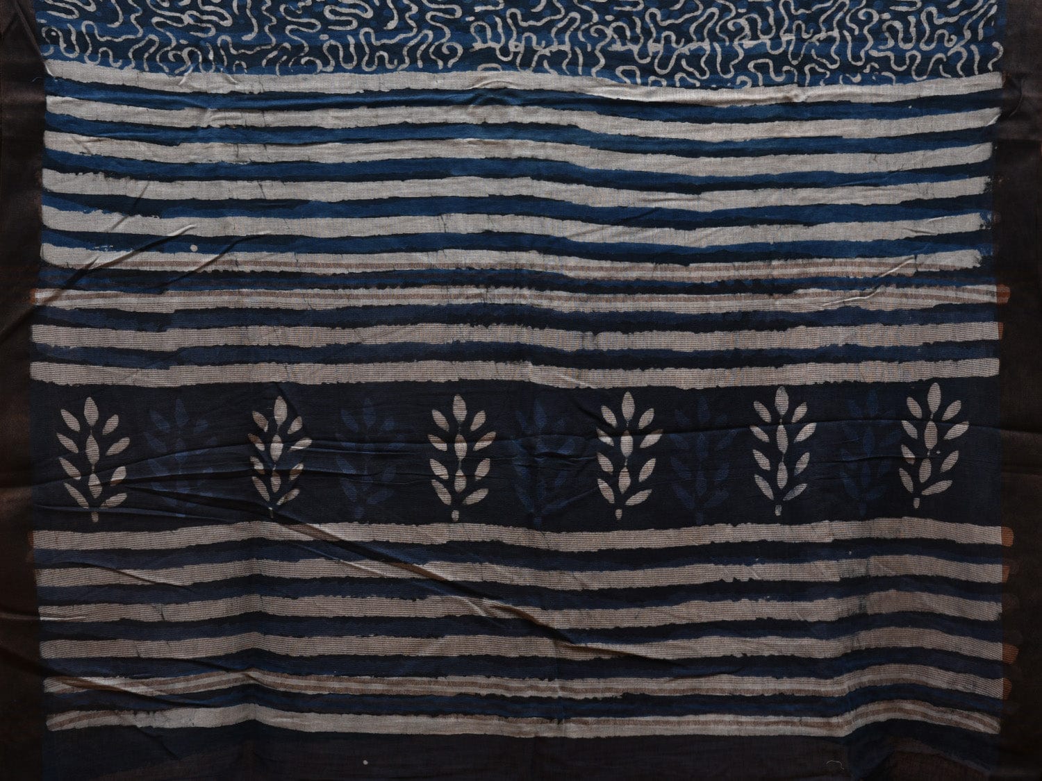 Blue and Black Printed Cotton Handloom Saree with All Over and Strips Pallu Design o0310