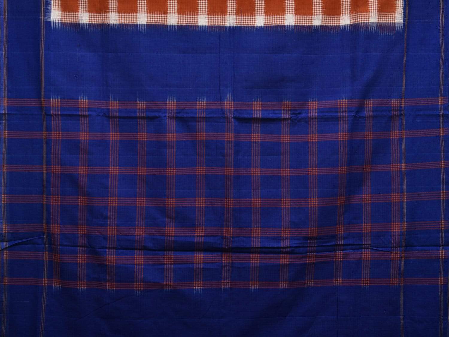 Blue and Brown Pochampally Ikat Cotton Handloom Saree with Checks Design i0598