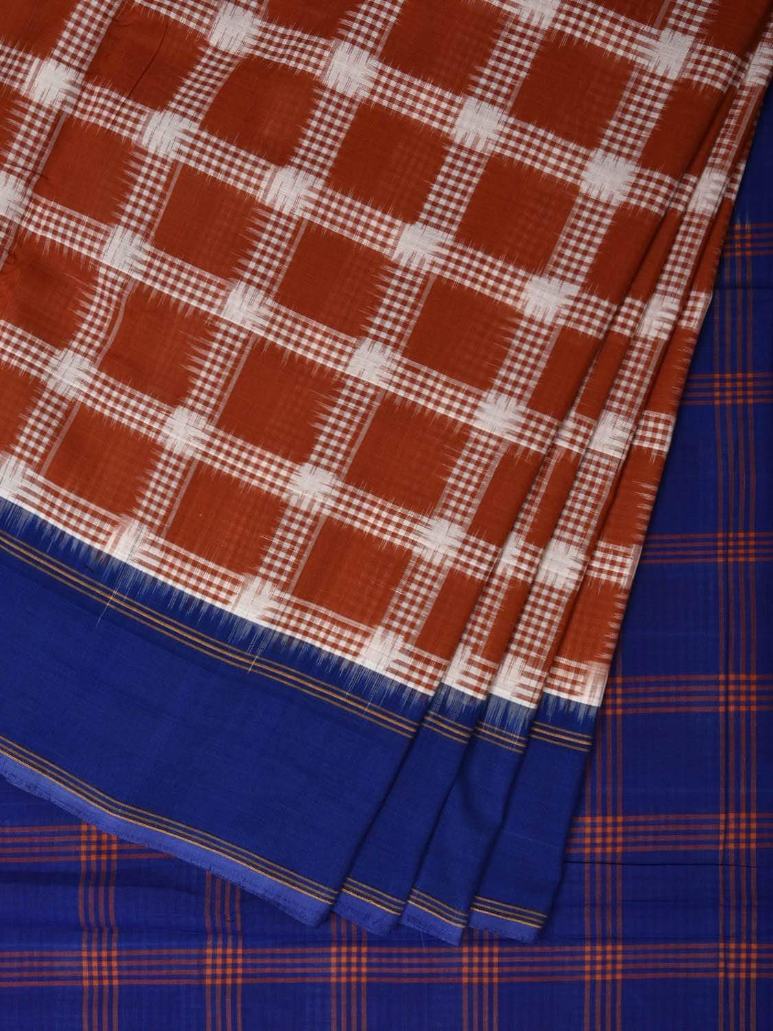 Blue and Brown Pochampally Ikat Cotton Handloom Saree with Checks Design i0598