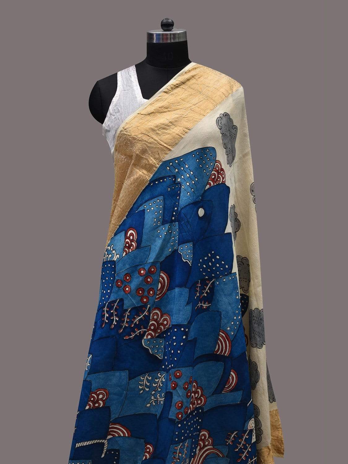 Blue and Cream Kalamkari Hand Painted Kanchipuram Silk Handloom Dupatta with Mountains Design ds2478