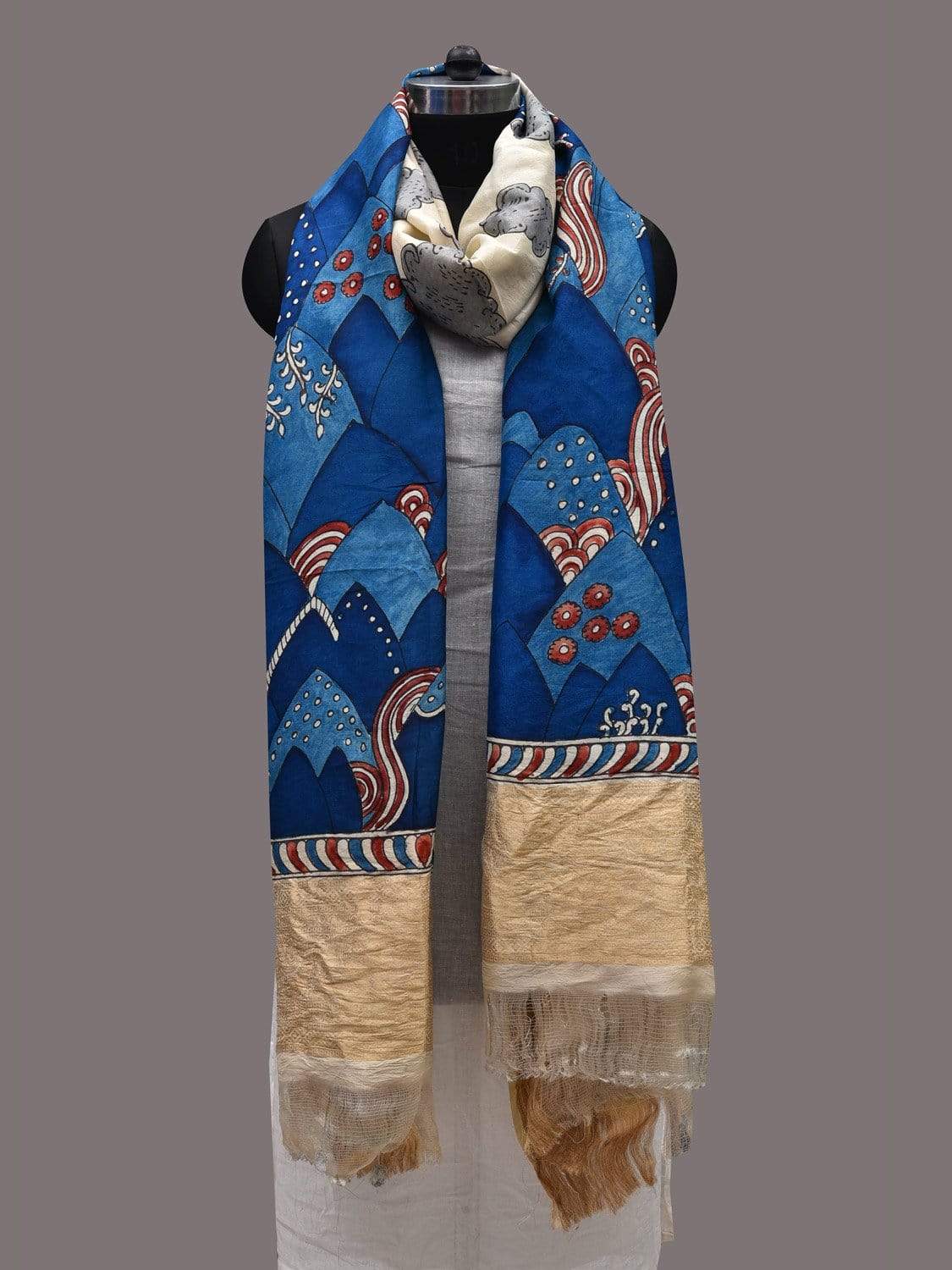 Blue and Cream Kalamkari Hand Painted Kanchipuram Silk Handloom Dupatta with Mountains Design ds2478