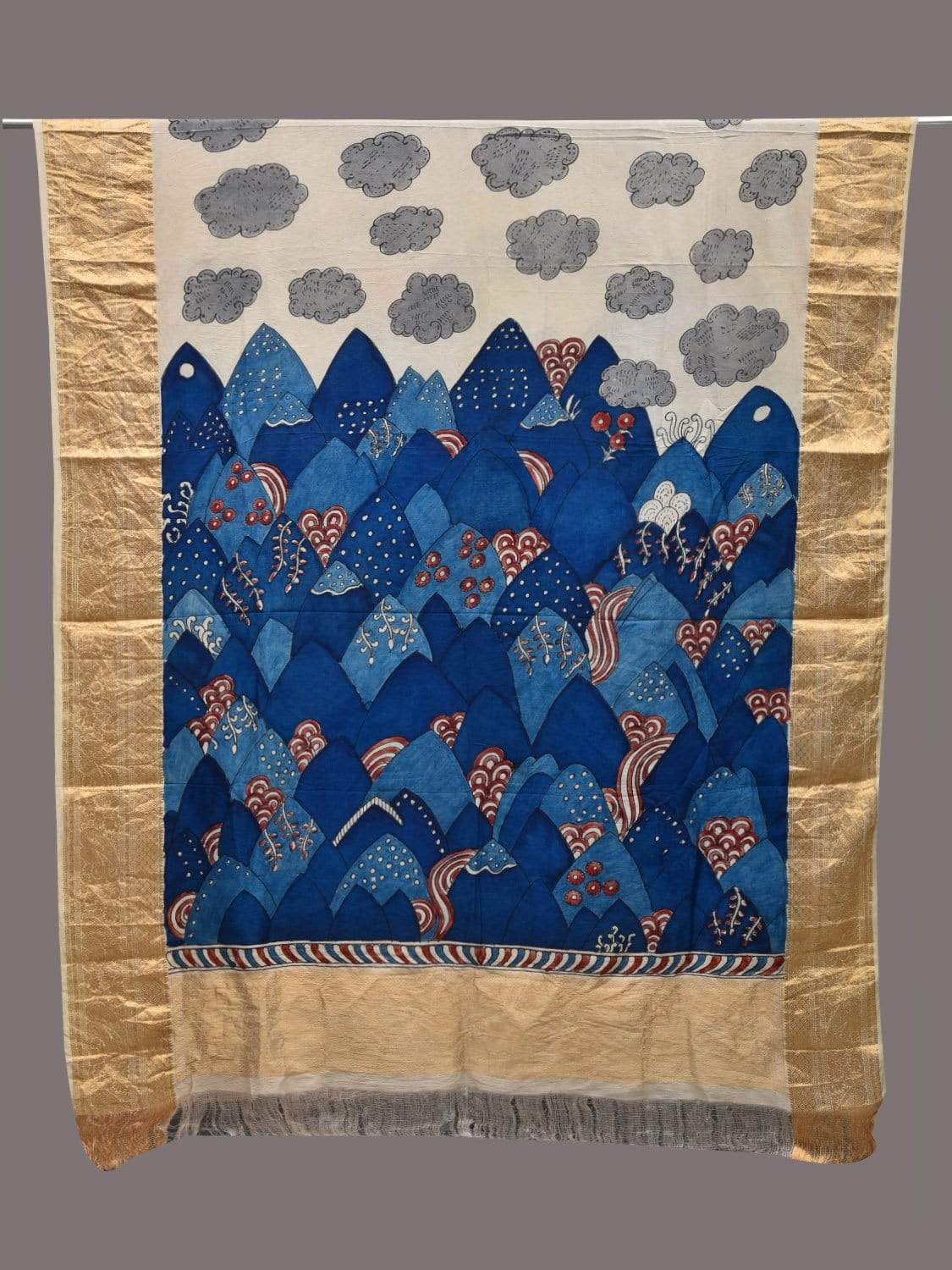 Blue and Cream Kalamkari Hand Painted Kanchipuram Silk Handloom Dupatta with Mountains Design ds2478