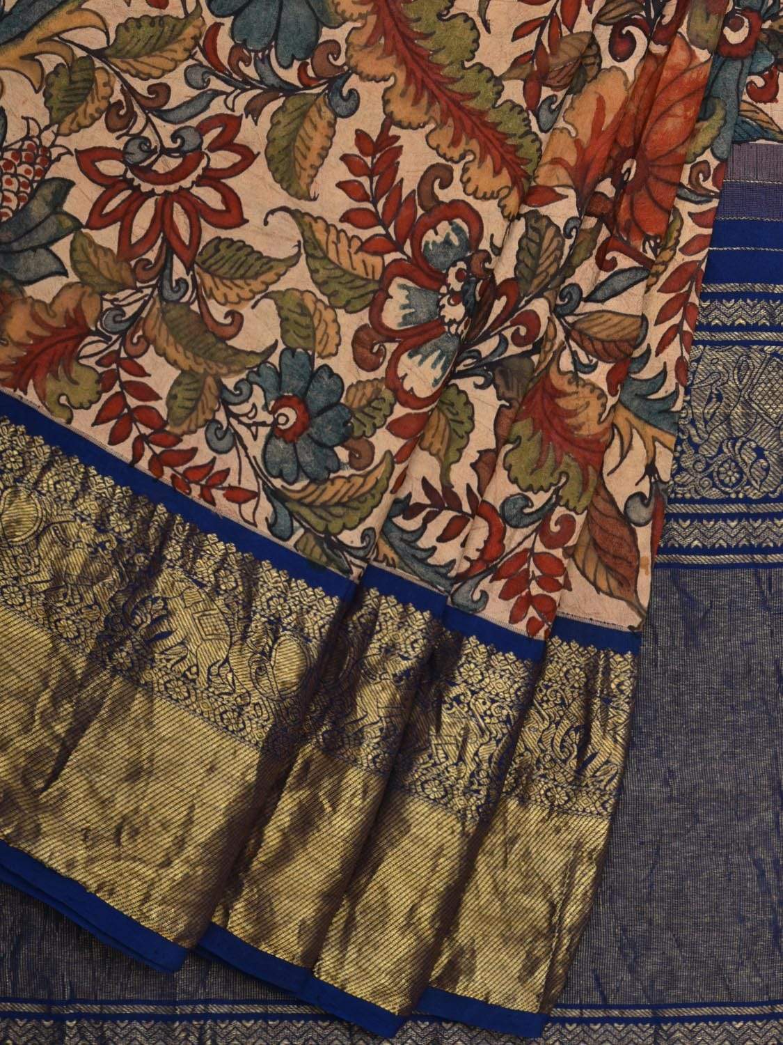 Blue and Cream Kalamkari Hand Painted Kanchipuram Silk Handloom Saree with Floral Design KL0547