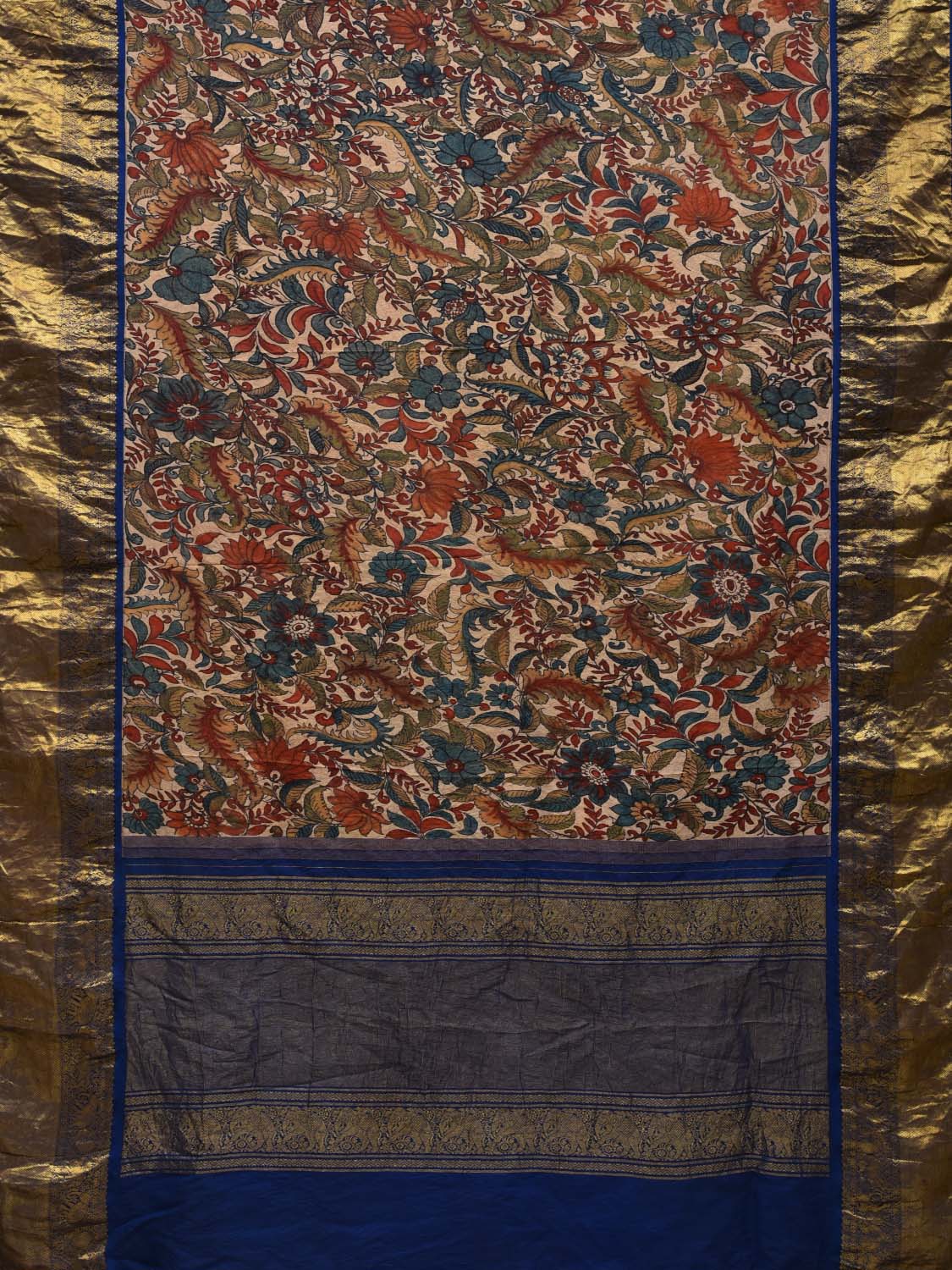 Blue and Cream Kalamkari Hand Painted Kanchipuram Silk Handloom Saree with Floral Design KL0547