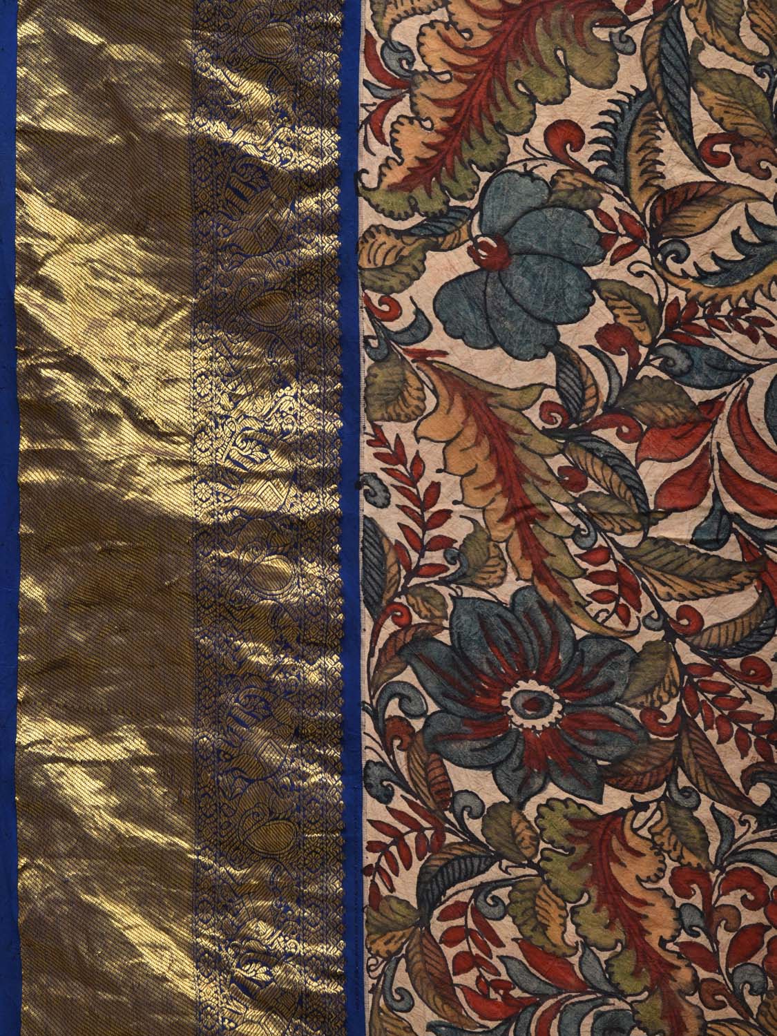 Blue and Cream Kalamkari Hand Painted Kanchipuram Silk Handloom Saree with Floral Design KL0547