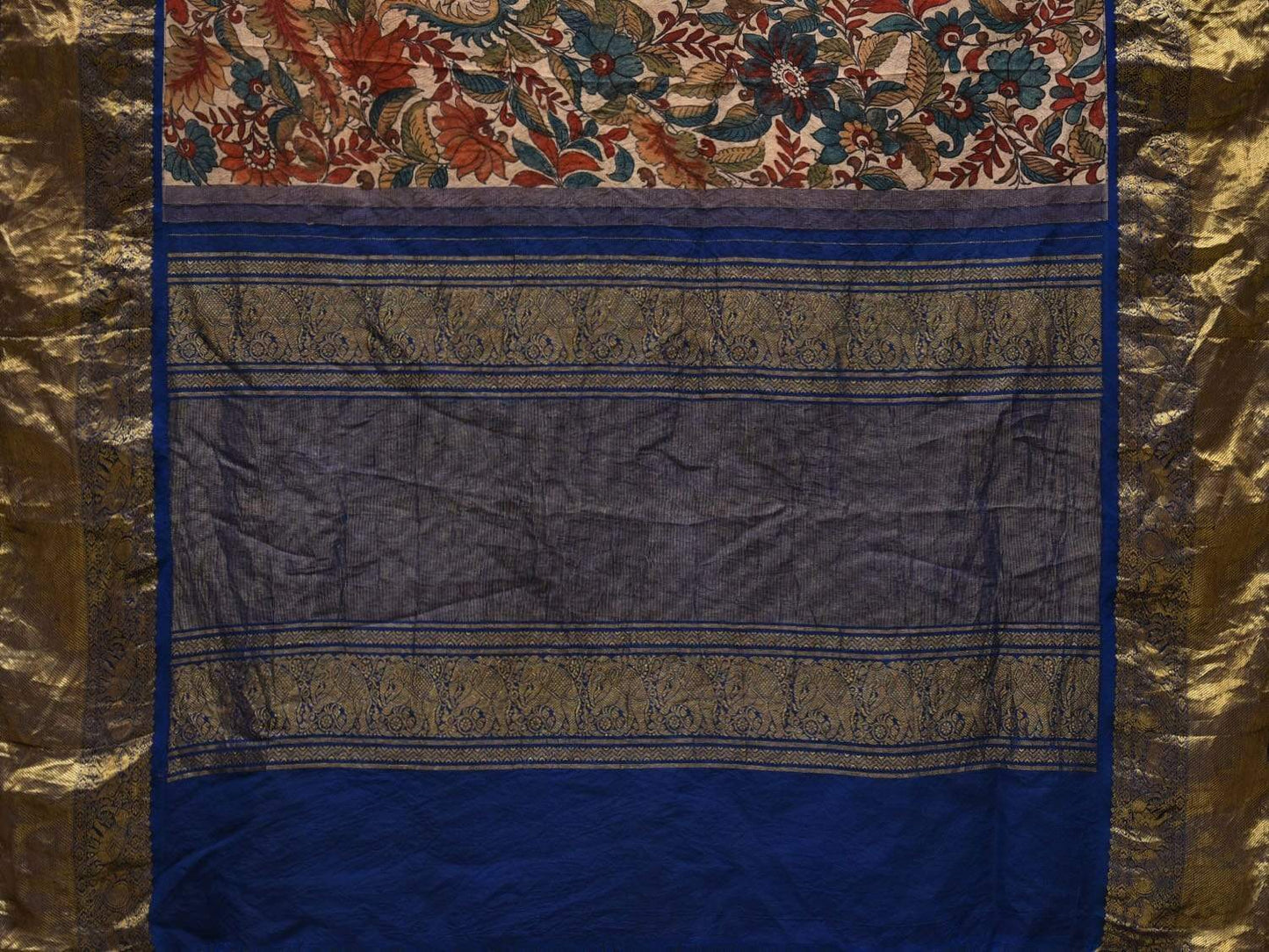 Blue and Cream Kalamkari Hand Painted Kanchipuram Silk Handloom Saree with Floral Design KL0547