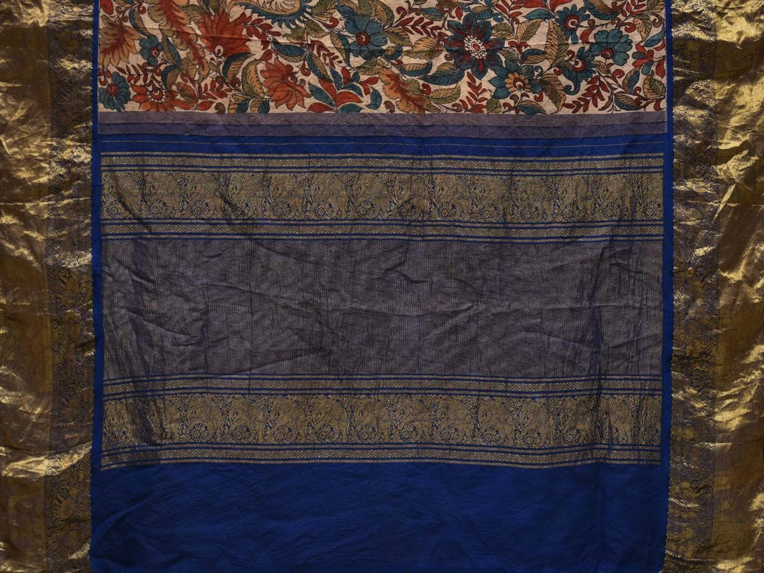 Blue and Cream Kalamkari Hand Painted Kanchipuram Silk Handloom Saree with Floral Design KL0547